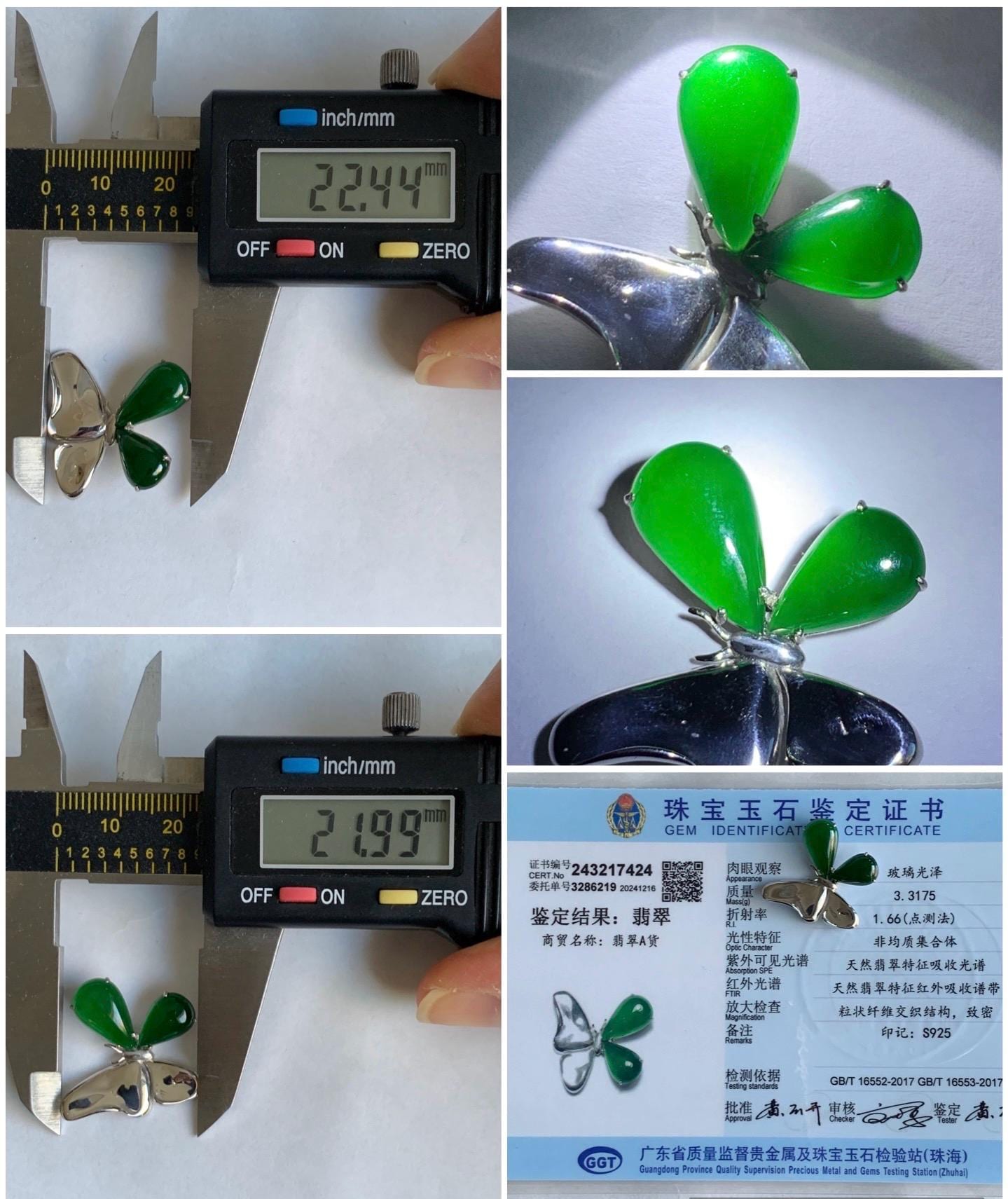 Certified Natural Guatemalan Icy Translucent Vibrant Green Teardrop Jadeite Butterfly Design Pendant Sterling Silver 天然冰危绿水滴翡翠蝴蝶镶嵌吊坠 7424
