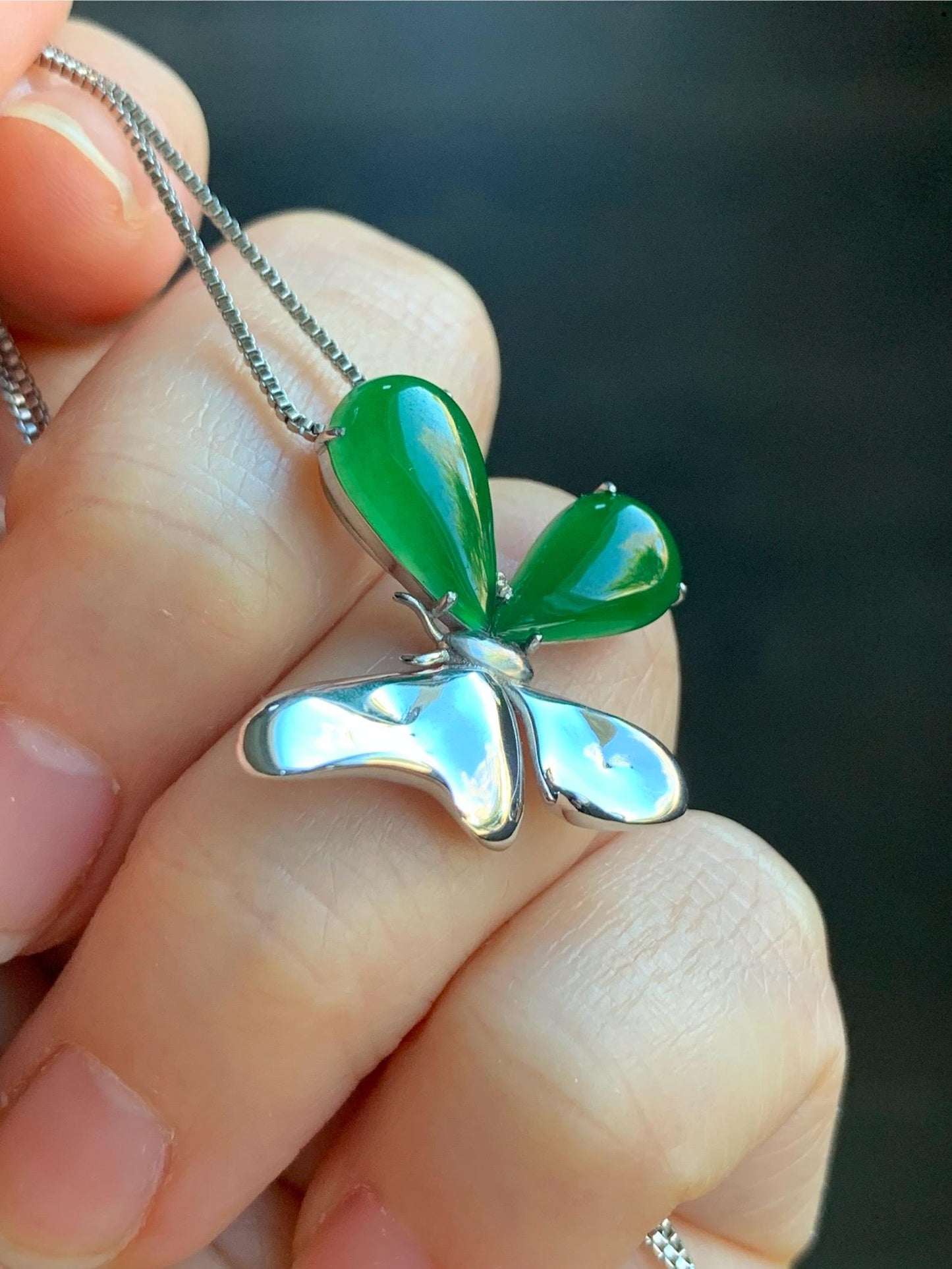 Certified Natural Guatemalan Icy Translucent Vibrant Green Teardrop Jadeite Butterfly Design Pendant Sterling Silver 天然冰危绿水滴翡翠蝴蝶镶嵌吊坠 7424