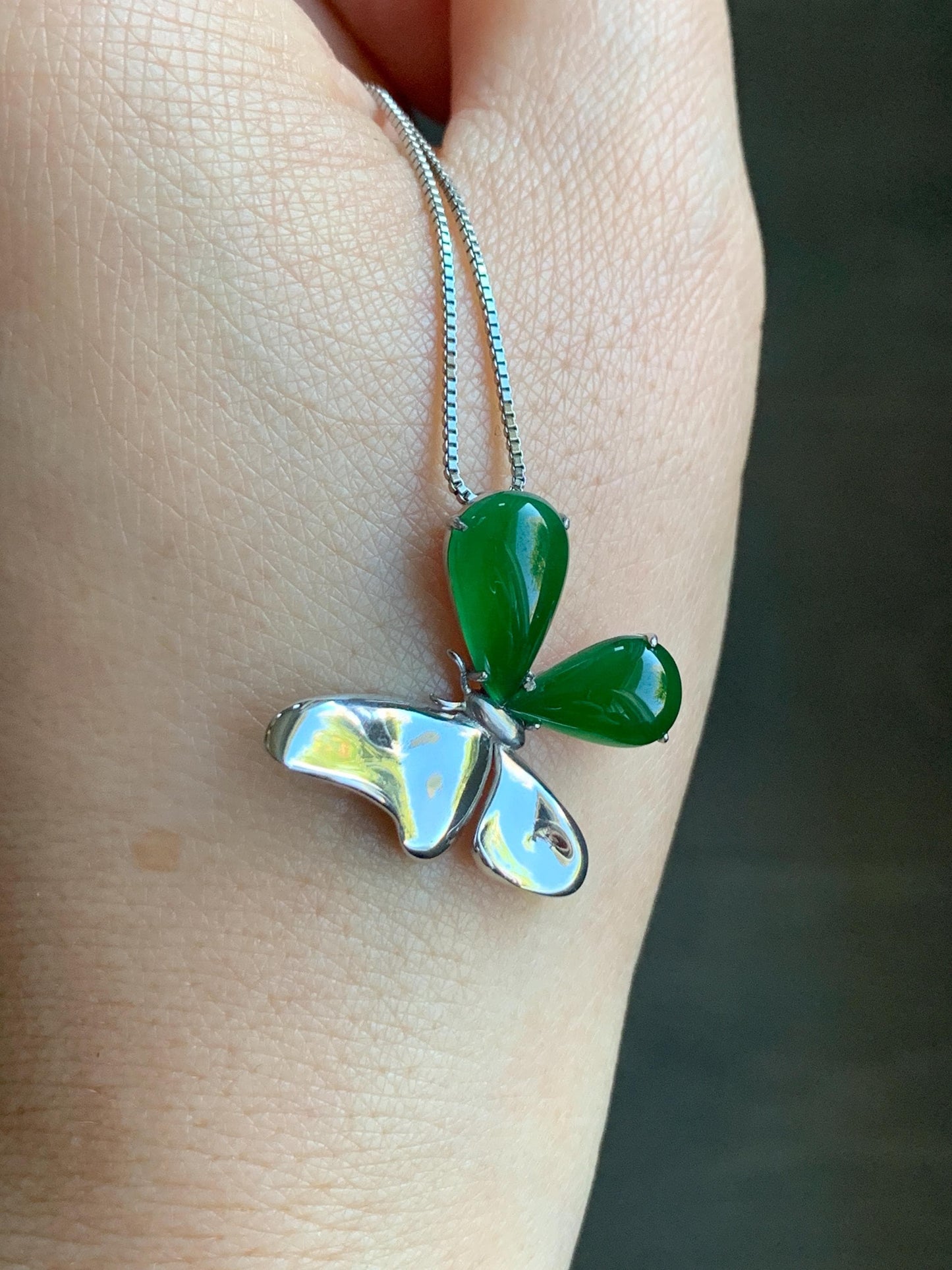 Certified Natural Guatemalan Icy Translucent Vibrant Green Teardrop Jadeite Butterfly Design Pendant Sterling Silver 天然冰危绿水滴翡翠蝴蝶镶嵌吊坠 7424