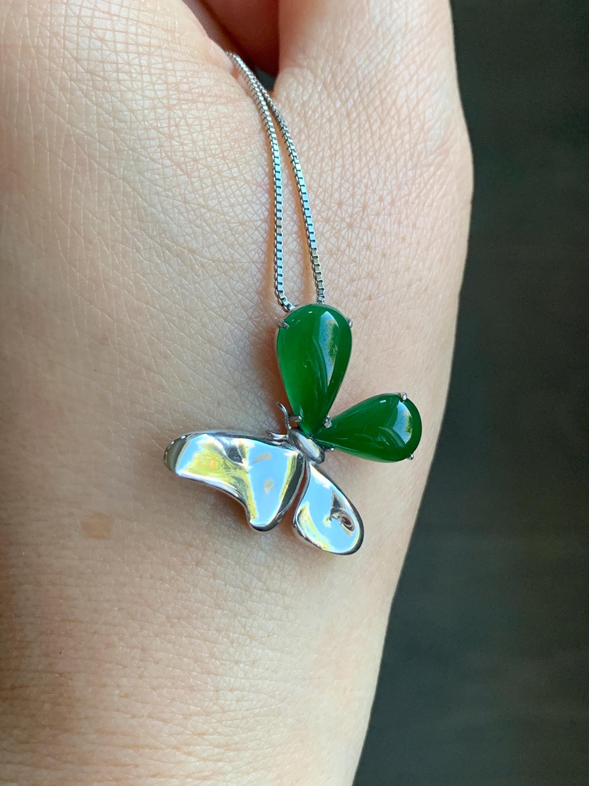 Certified Natural Guatemalan Icy Translucent Vibrant Green Teardrop Jadeite Butterfly Design Pendant Sterling Silver 天然冰危绿水滴翡翠蝴蝶镶嵌吊坠 7424