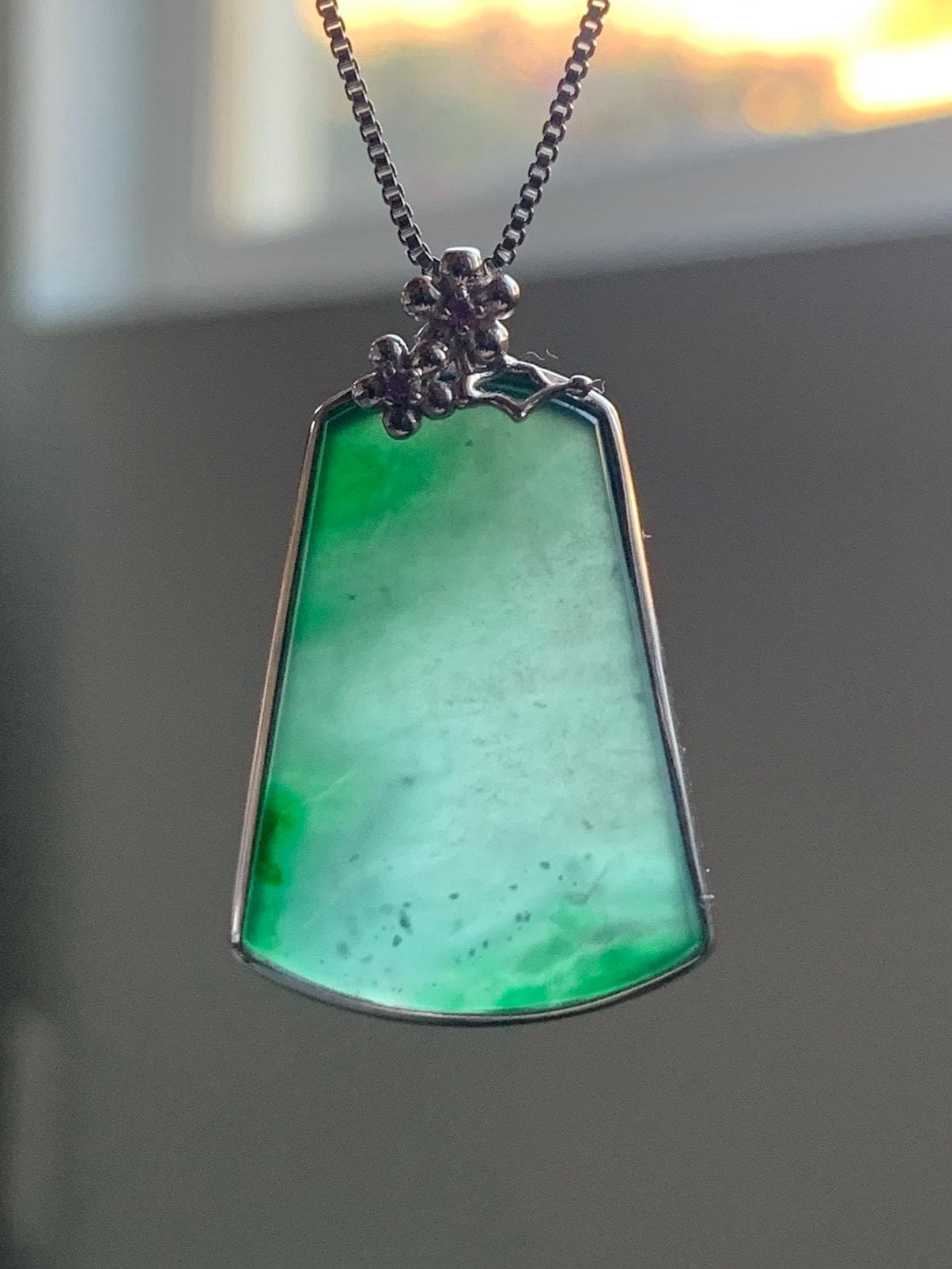 Certified Natural Guatemalan Icy Translucent Dark Teal Green Jadeite Green Marbling Wu Shi Pai Pendant Sterling Silver 天然冰危飘绿翡翠梯形无事牌吊坠 7420