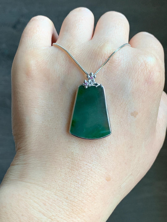 Certified Natural Guatemalan Icy Translucent Dark Teal Green Jadeite Green Marbling Wu Shi Pai Pendant Sterling Silver 天然冰危飘绿翡翠梯形无事牌吊坠 7420