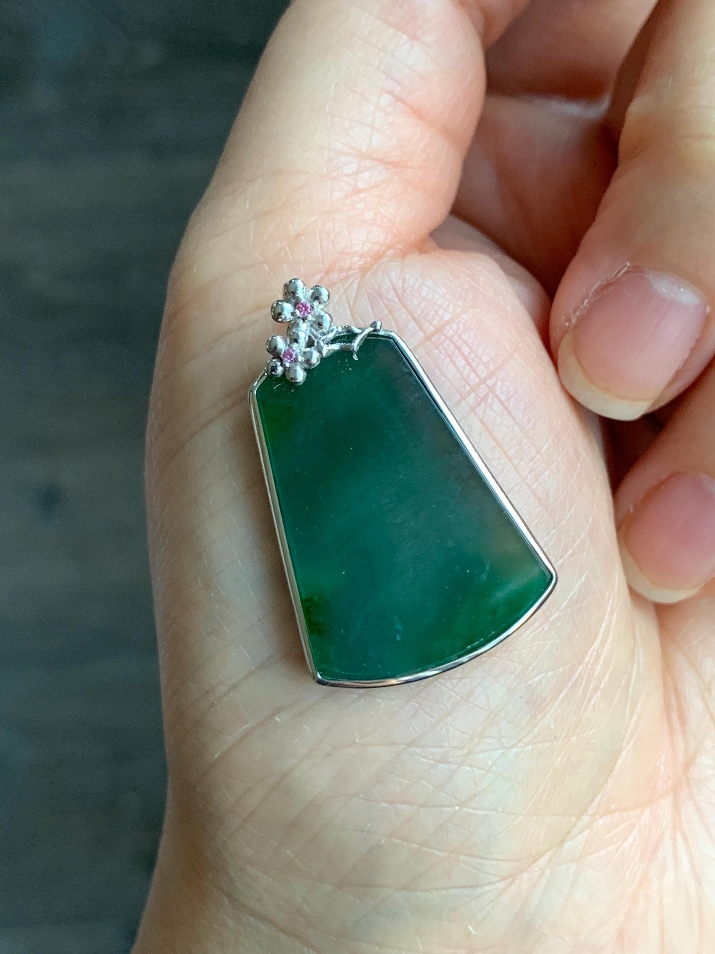 Certified Natural Guatemalan Icy Translucent Dark Teal Green Jadeite Green Marbling Wu Shi Pai Pendant Sterling Silver 天然冰危飘绿翡翠梯形无事牌吊坠 7420