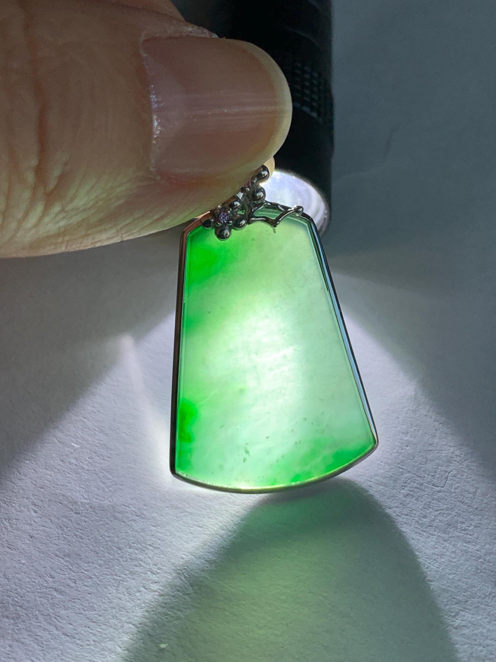 Certified Natural Guatemalan Icy Translucent Dark Teal Green Jadeite Green Marbling Wu Shi Pai Pendant Sterling Silver 天然冰危飘绿翡翠梯形无事牌吊坠 7420