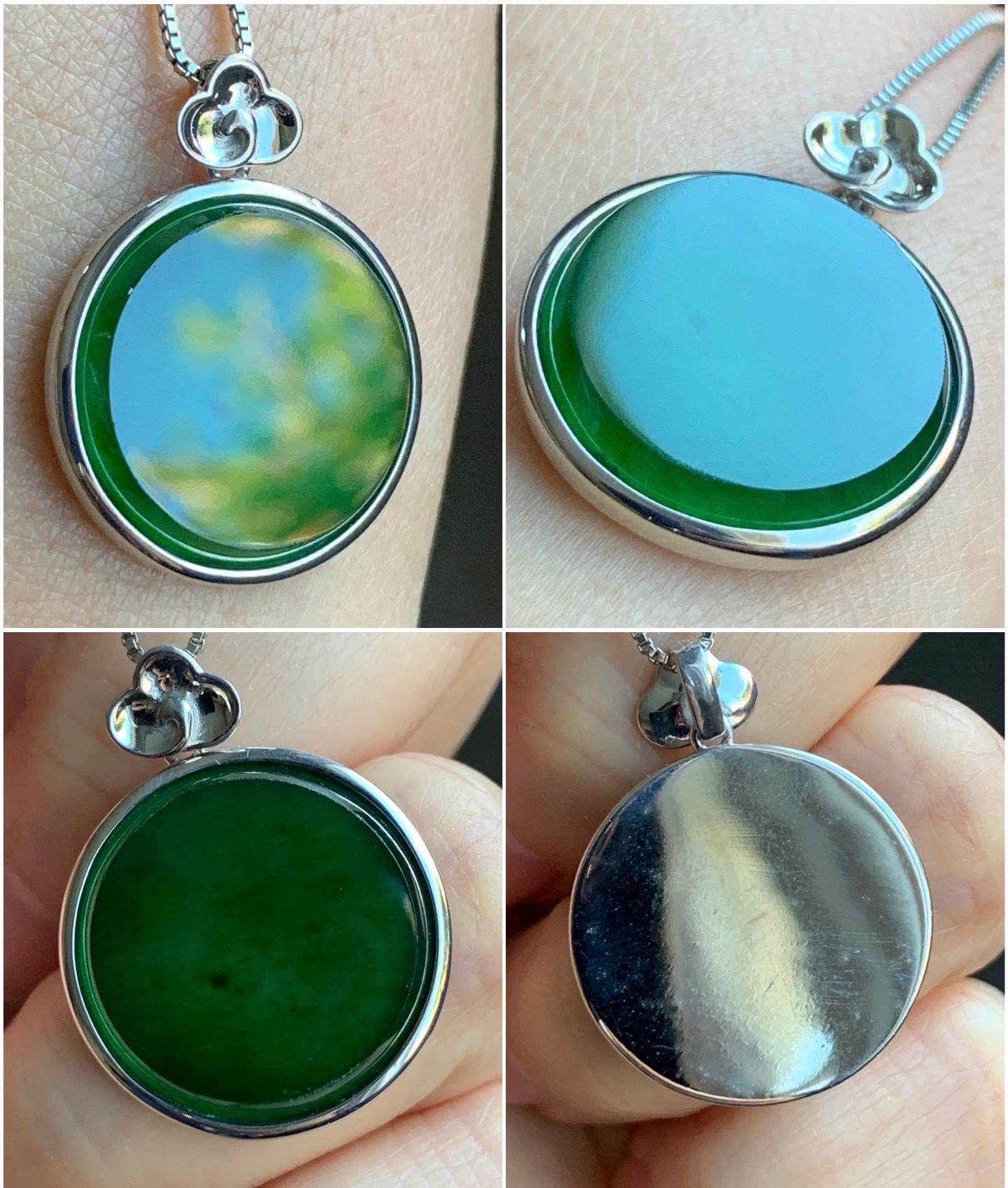 Certified Natural Guatemalan Icy Translucent Vibrant Green Jadeite Round Wu Shi Pai Pendant Sterling Silver 4.87g 天然冰危绿翡翠无事牌镶嵌吊坠 7421