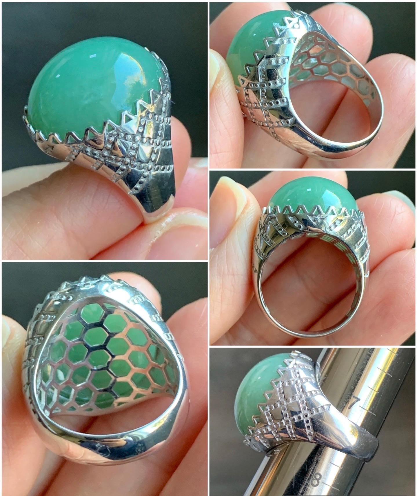 Certified Natural Burmese Icy Translucent Sea Green Jadeite Large Oval Solitaire Ring Size 7.25 Sterling Silver 12g 天然缅甸冰绿翡翠大椭圆蛋面银镶戒指 7384