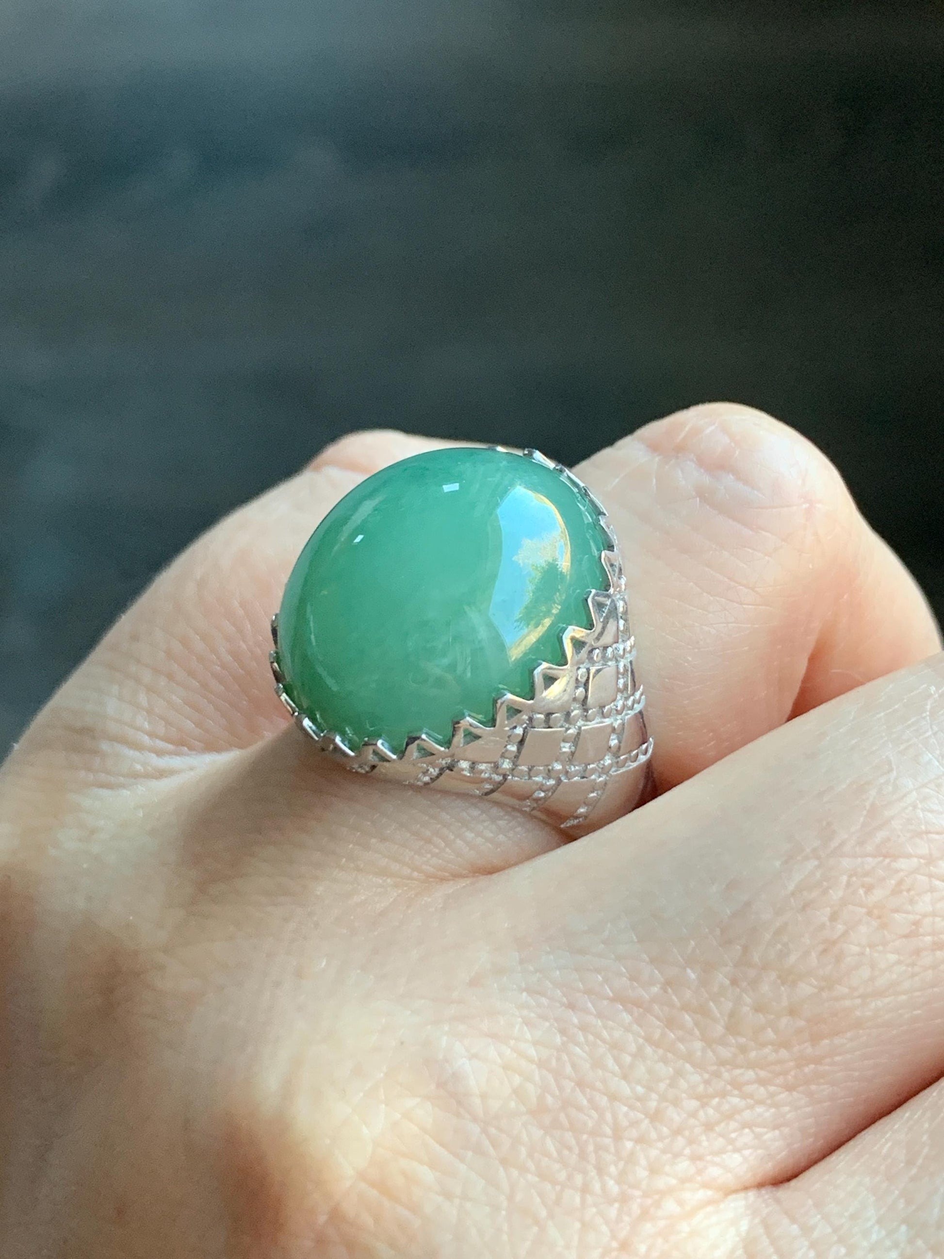 Certified Natural Burmese Icy Translucent Sea Green Jadeite Large Oval Solitaire Ring Size 7.25 Sterling Silver 12g 天然缅甸冰绿翡翠大椭圆蛋面银镶戒指 7384