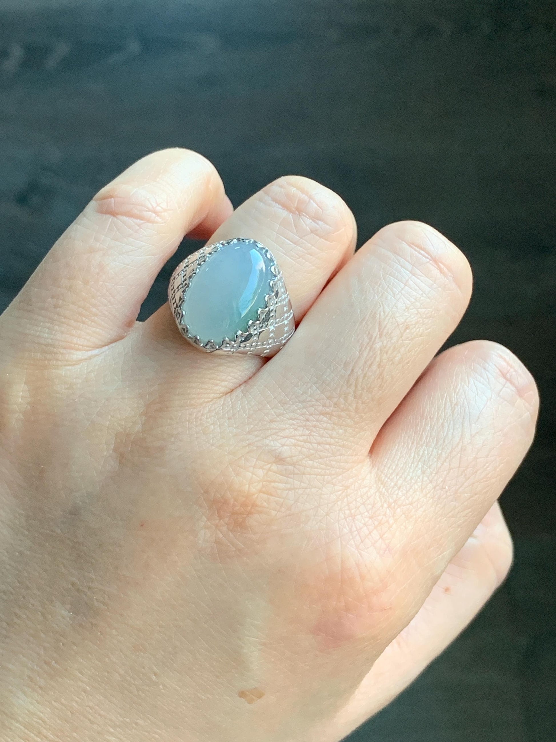 Certified Natural Burmese Icy Translucent White & Green Jadeite Large Oval Solitaire Ring Size 7.25 Sterling Silver 天然缅甸冰飘绿花翡翠大椭圆蛋面银镶戒指 7386