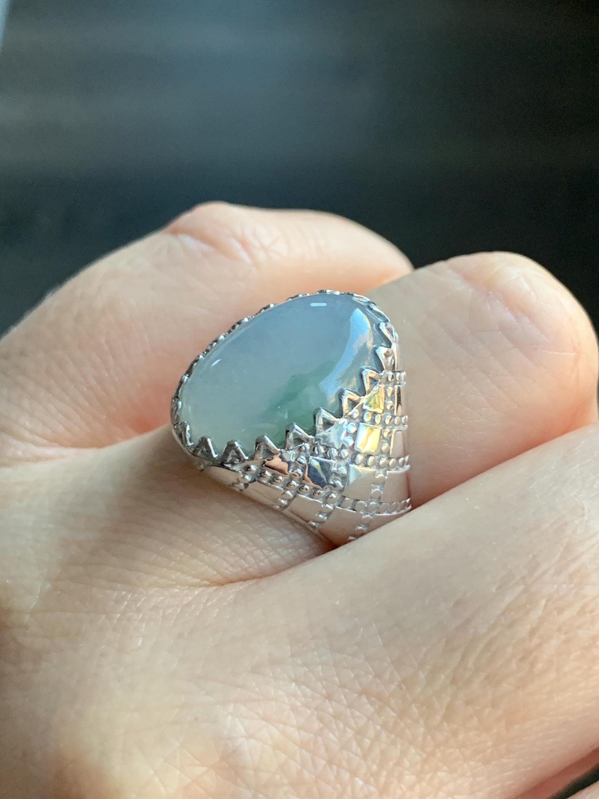 Certified Natural Burmese Icy Translucent White & Green Jadeite Large Oval Solitaire Ring Size 7.25 Sterling Silver 天然缅甸冰飘绿花翡翠大椭圆蛋面银镶戒指 7386