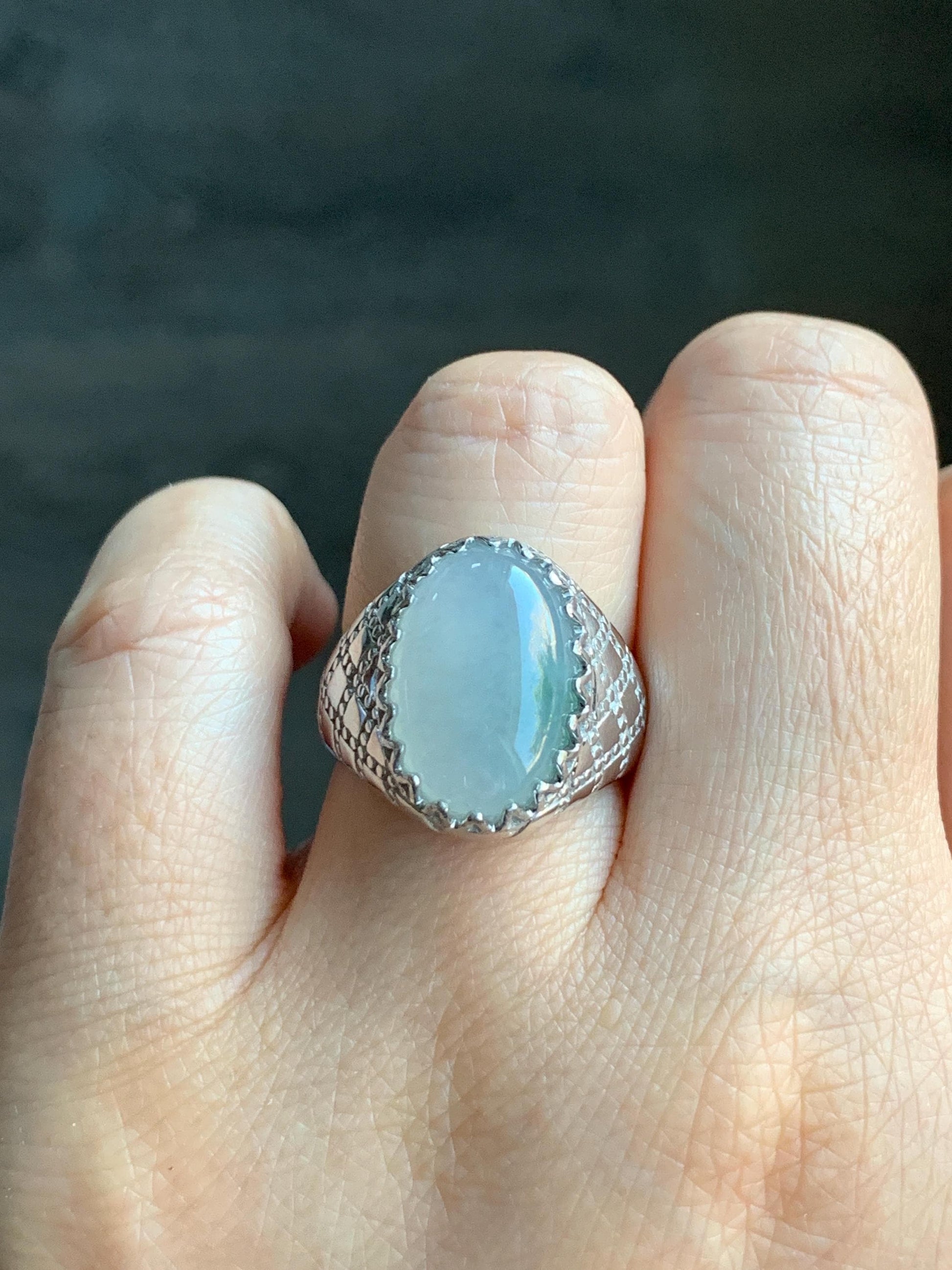 Certified Natural Burmese Icy Translucent White & Green Jadeite Large Oval Solitaire Ring Size 7.25 Sterling Silver 天然缅甸冰飘绿花翡翠大椭圆蛋面银镶戒指 7386