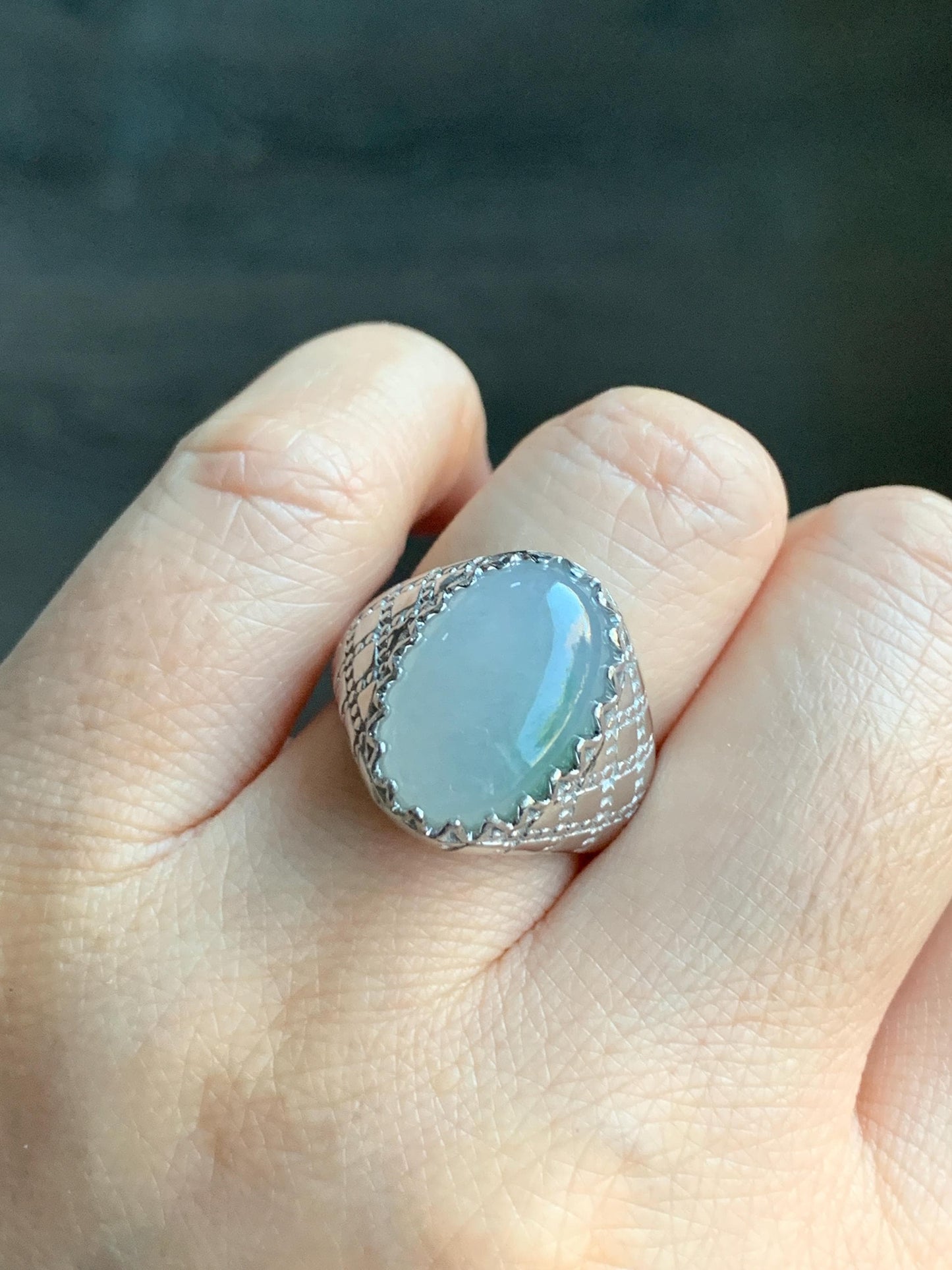Certified Natural Burmese Icy Translucent White & Green Jadeite Large Oval Solitaire Ring Size 7.25 Sterling Silver 天然缅甸冰飘绿花翡翠大椭圆蛋面银镶戒指 7386