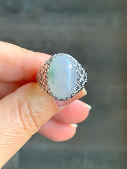 Certified Natural Burmese Icy Translucent White & Green Jadeite Large Oval Solitaire Ring Size 7.25 Sterling Silver 天然缅甸冰飘绿花翡翠大椭圆蛋面银镶戒指 7386