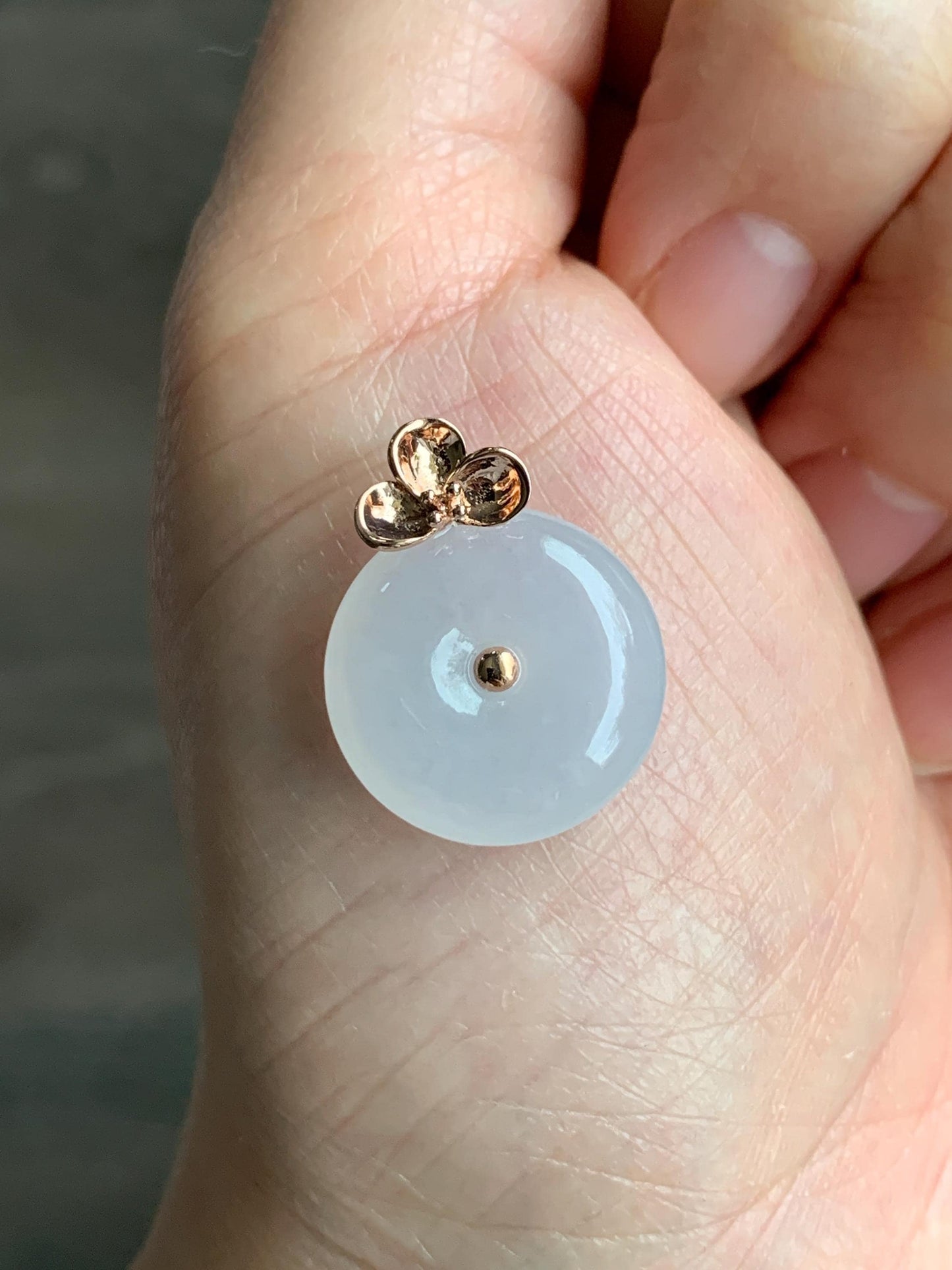Certified Natural Burmese Icy Translucent Gelatinous White Jadeite Ping An Kou Donut Pendant 18K Rose Gold 4g 天然缅甸冰胶白色粉底翡翠平安扣玫瑰金镶嵌吊坠 7425