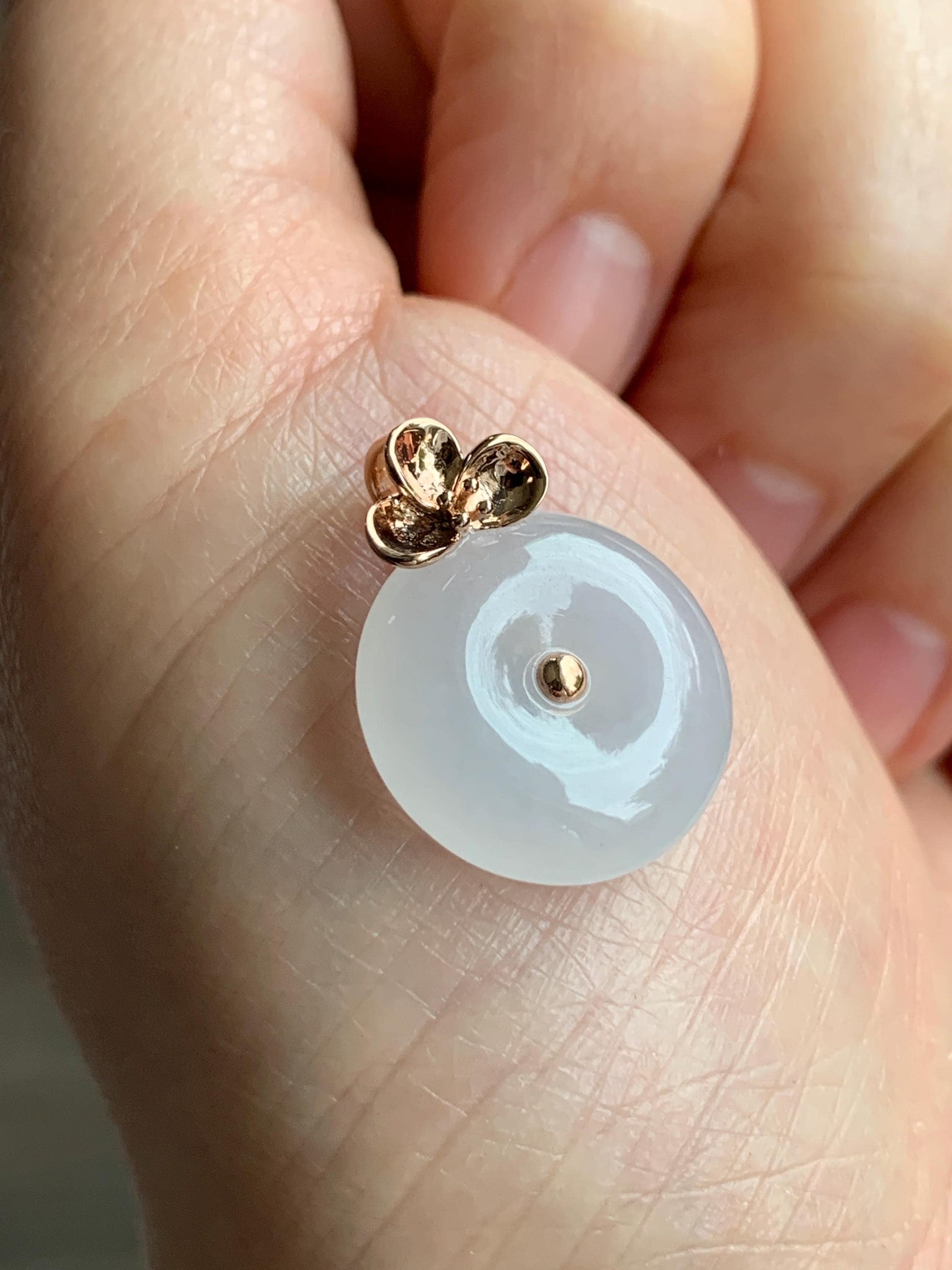 Certified Natural Burmese Icy Translucent Gelatinous White Jadeite Ping An Kou Donut Pendant 18K Rose Gold 4g 天然缅甸冰胶白色粉底翡翠平安扣玫瑰金镶嵌吊坠 7425