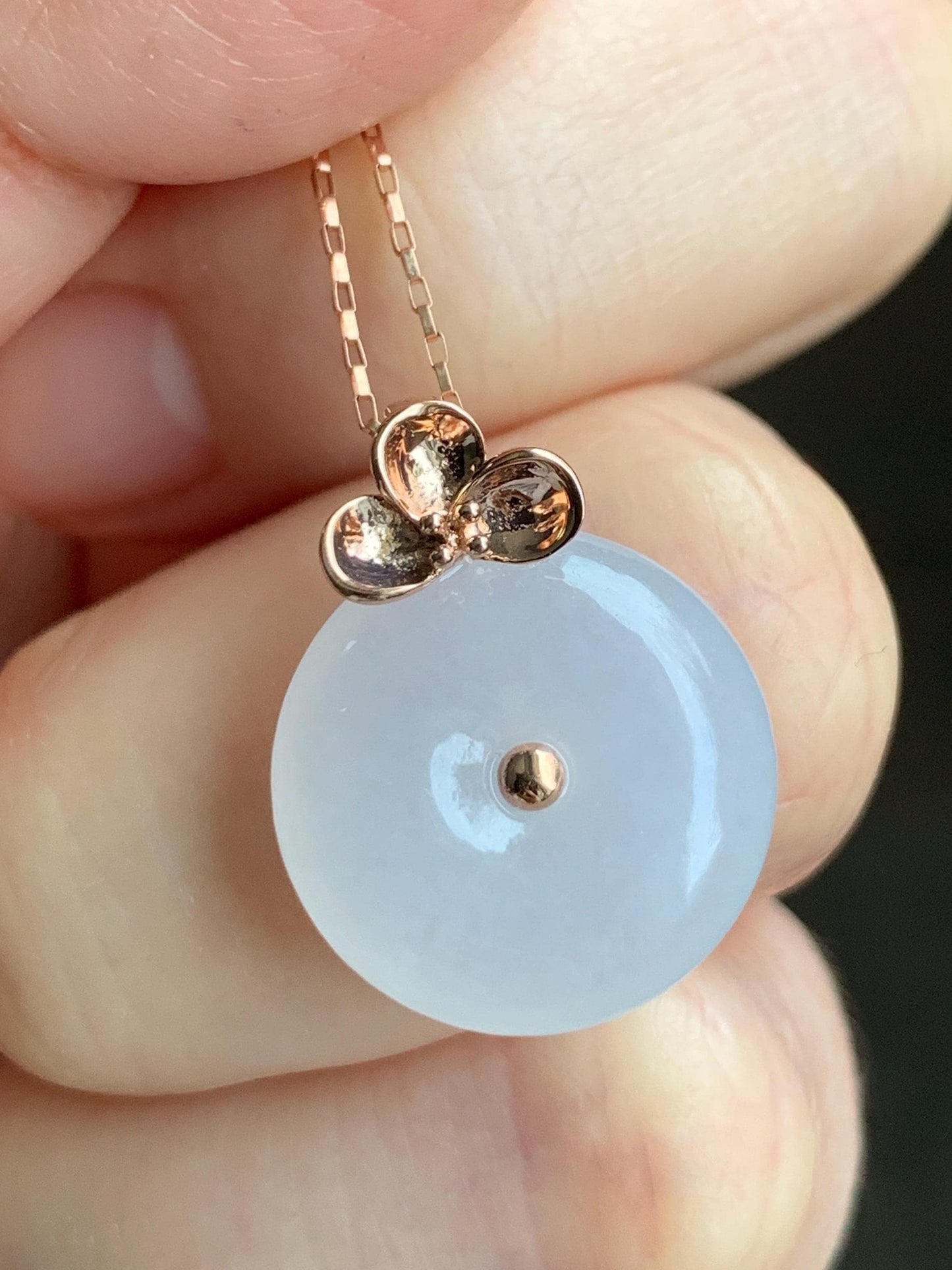 Certified Natural Burmese Icy Translucent Gelatinous White Jadeite Ping An Kou Donut Pendant 18K Rose Gold 4g 天然缅甸冰胶白色粉底翡翠平安扣玫瑰金镶嵌吊坠 7425