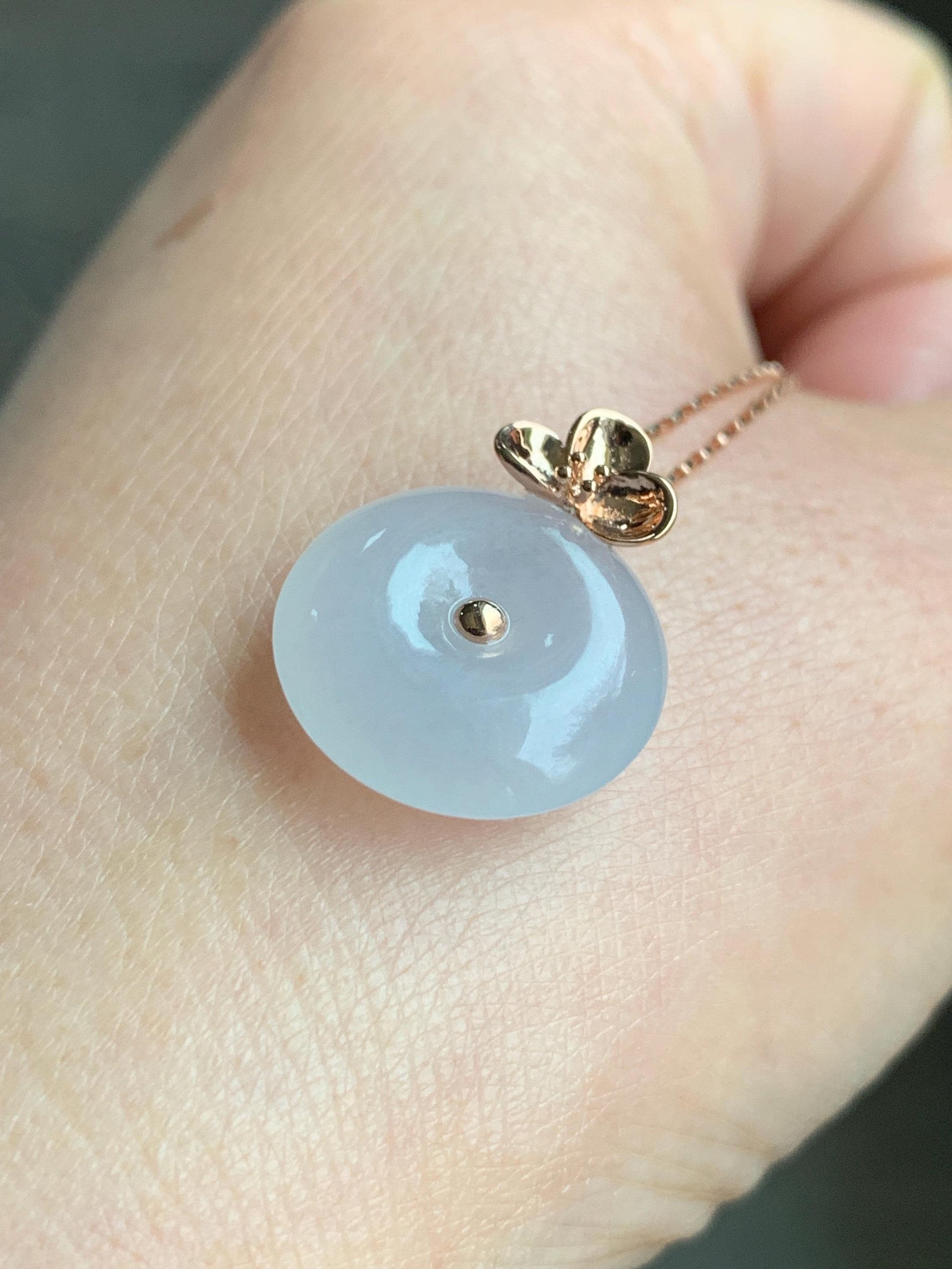 Certified Natural Burmese Icy Translucent Gelatinous White Jadeite Ping An Kou Donut Pendant 18K Rose Gold 4g 天然缅甸冰胶白色粉底翡翠平安扣玫瑰金镶嵌吊坠 7425