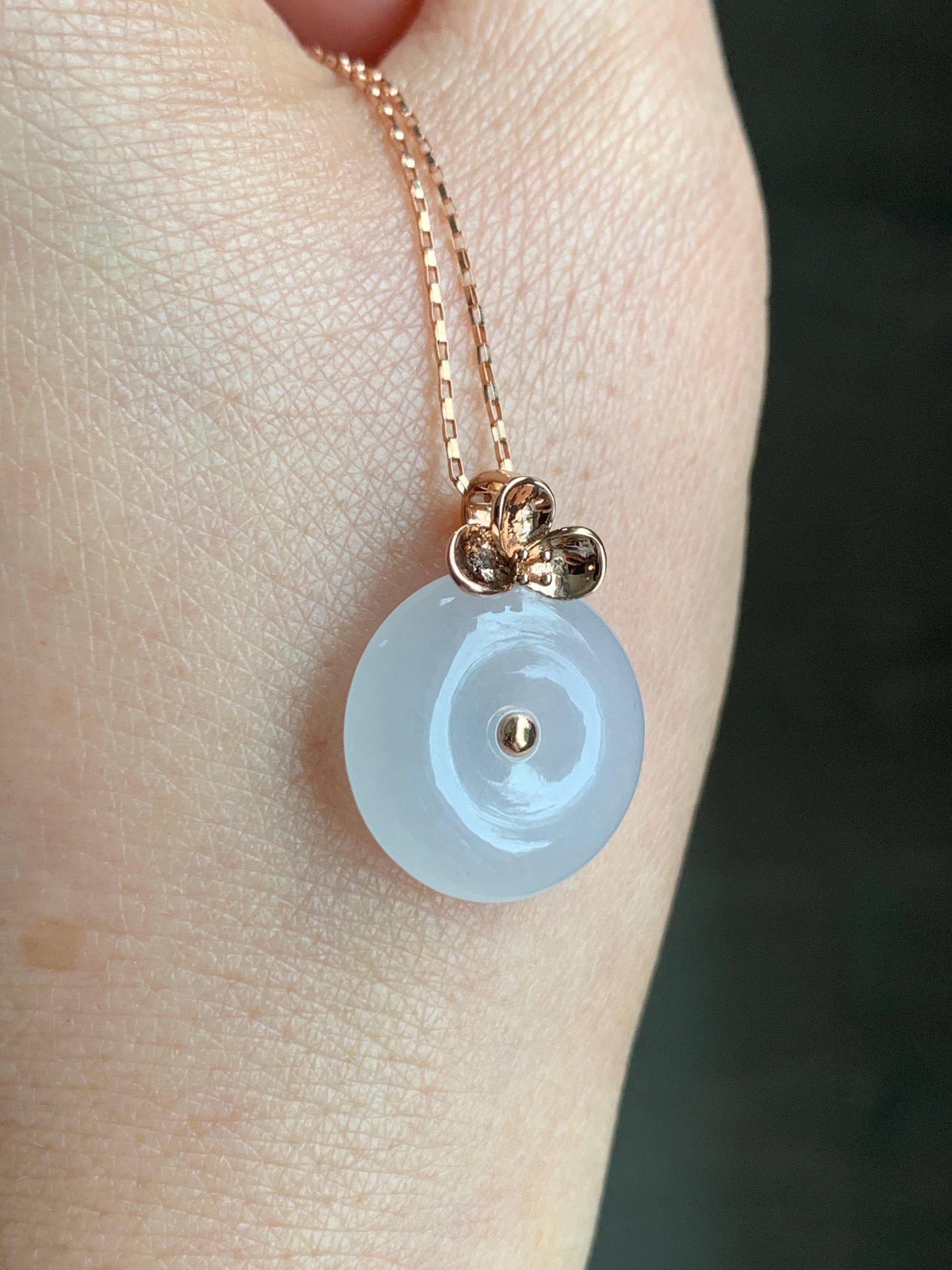 Certified Natural Burmese Icy Translucent Gelatinous White Jadeite Ping An Kou Donut Pendant 18K Rose Gold 4g 天然缅甸冰胶白色粉底翡翠平安扣玫瑰金镶嵌吊坠 7425