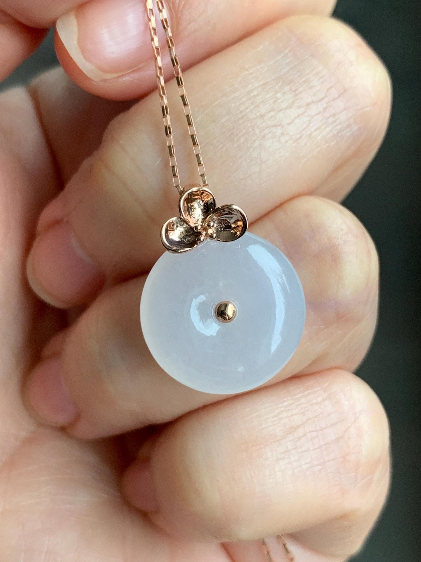 Certified Natural Burmese Icy Translucent Gelatinous White Jadeite Ping An Kou Donut Pendant 18K Rose Gold 4g 天然缅甸冰胶白色粉底翡翠平安扣玫瑰金镶嵌吊坠 7425