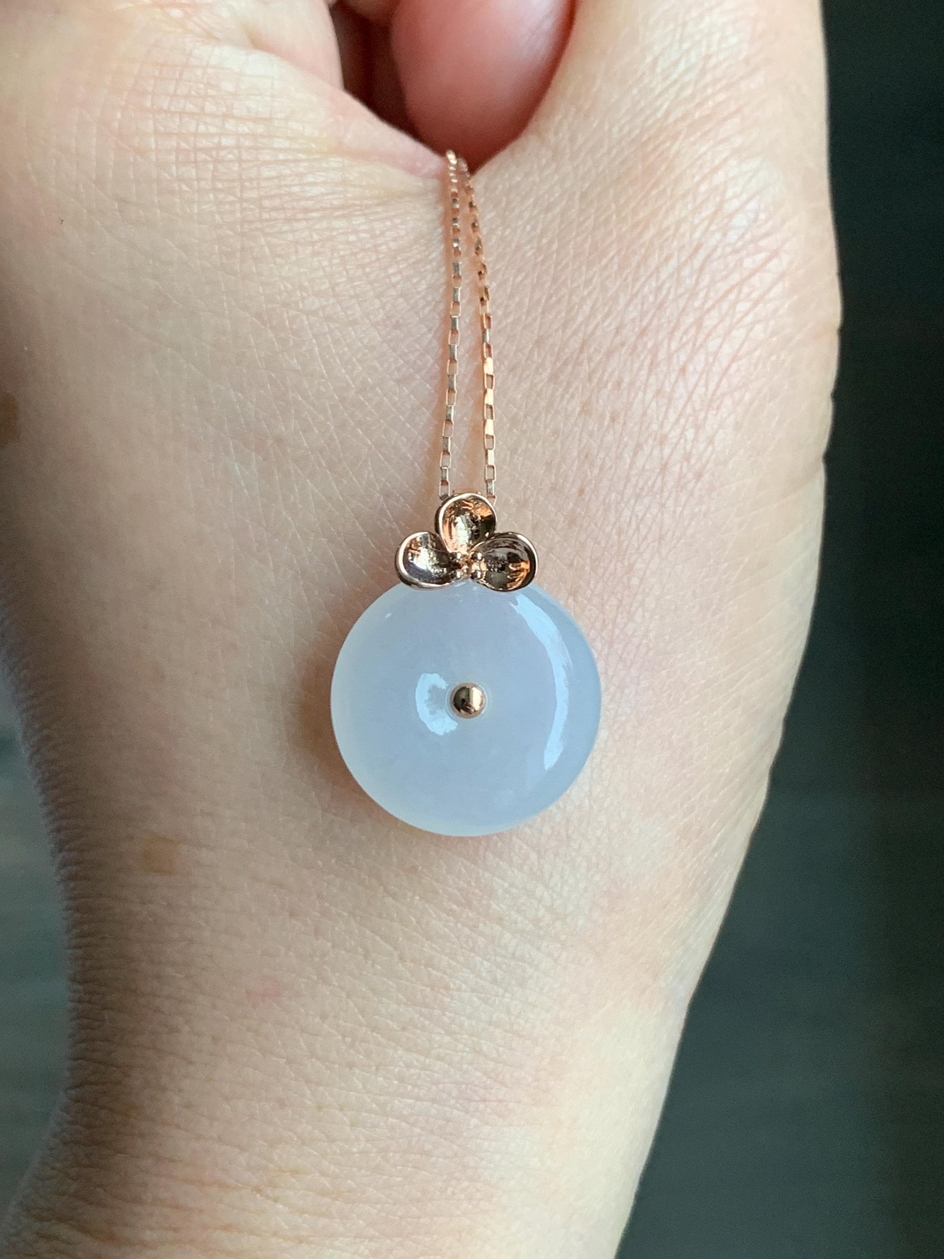 Certified Natural Burmese Icy Translucent Gelatinous White Jadeite Ping An Kou Donut Pendant 18K Rose Gold 4g 天然缅甸冰胶白色粉底翡翠平安扣玫瑰金镶嵌吊坠 7425