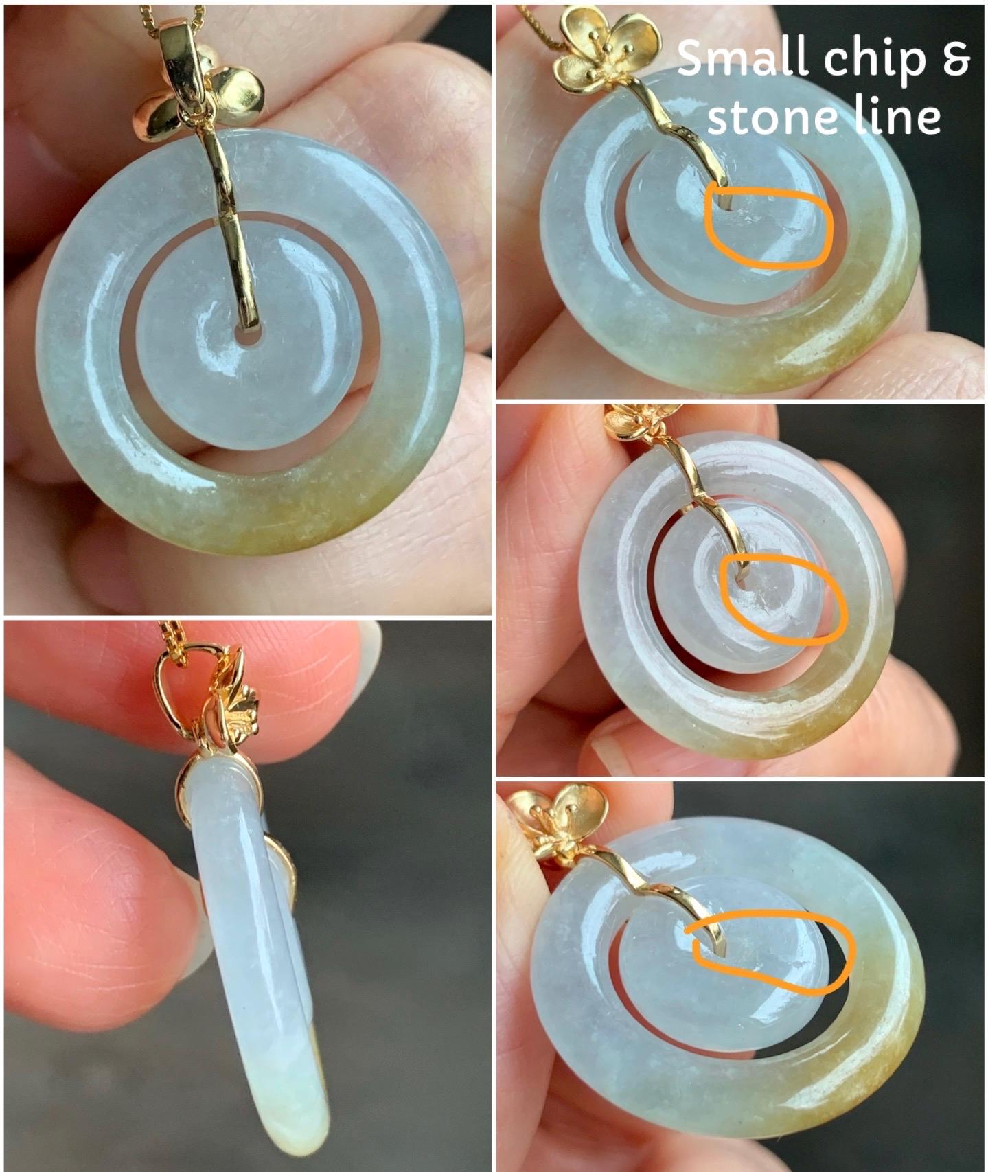 Certified Natural Burmese Icy Translucent White Jadeite w/ Yellow Marbling Mother-Child Ping An Kou Pendant 18K Yellow Gold 天然缅甸冰飘黄翡翠子母扣吊坠