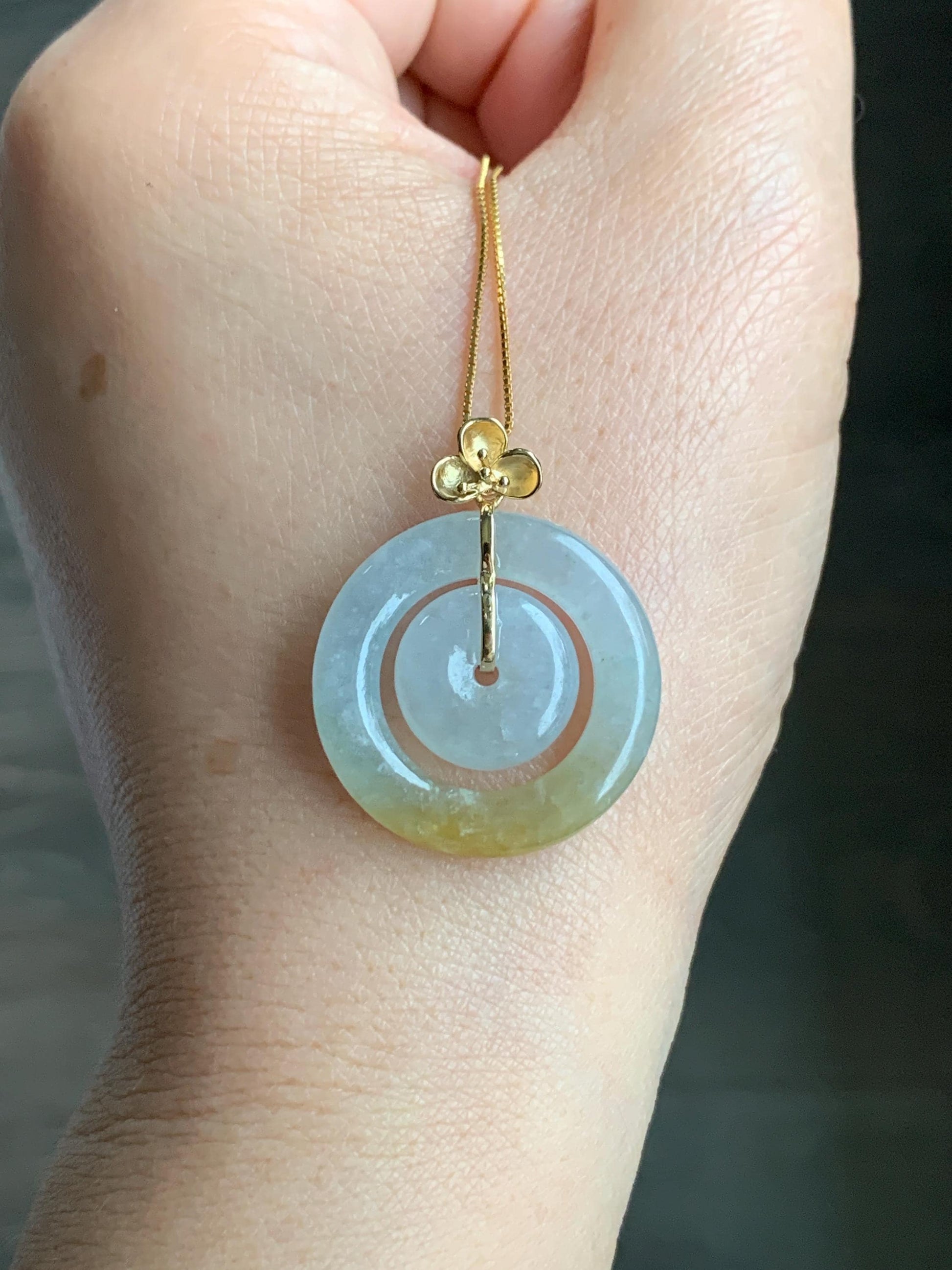 Certified Natural Burmese Icy Translucent White Jadeite w/ Yellow Marbling Mother-Child Ping An Kou Pendant 18K Yellow Gold 天然缅甸冰飘黄翡翠子母扣吊坠