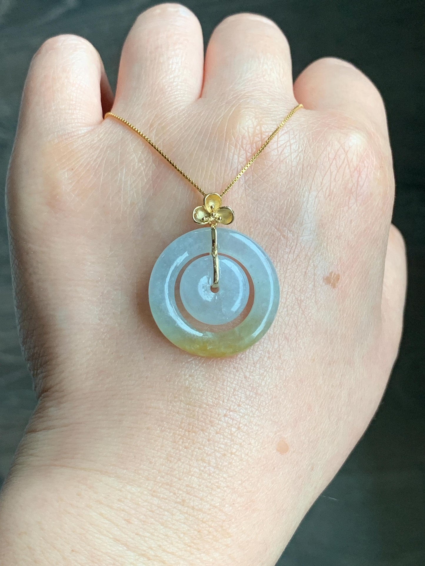 Certified Natural Burmese Icy Translucent White Jadeite w/ Yellow Marbling Mother-Child Ping An Kou Pendant 18K Yellow Gold 天然缅甸冰飘黄翡翠子母扣吊坠