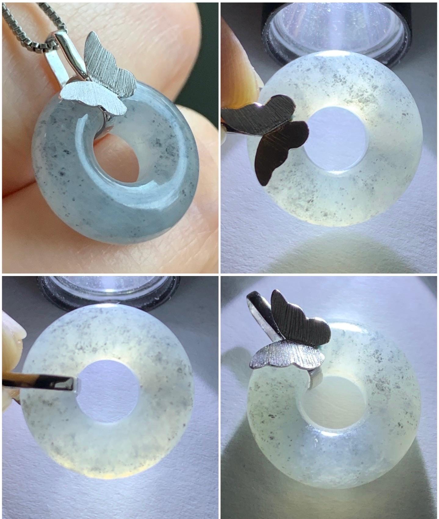 Certified Natural Burmese Icy Translucent Gelatinous Wuji Jadeite Ping An Kou Donut Butterfly Pendant 18K White Gold 天然缅甸冰胶乌鸡翡平安扣蝴蝶镶嵌吊坠 7416
