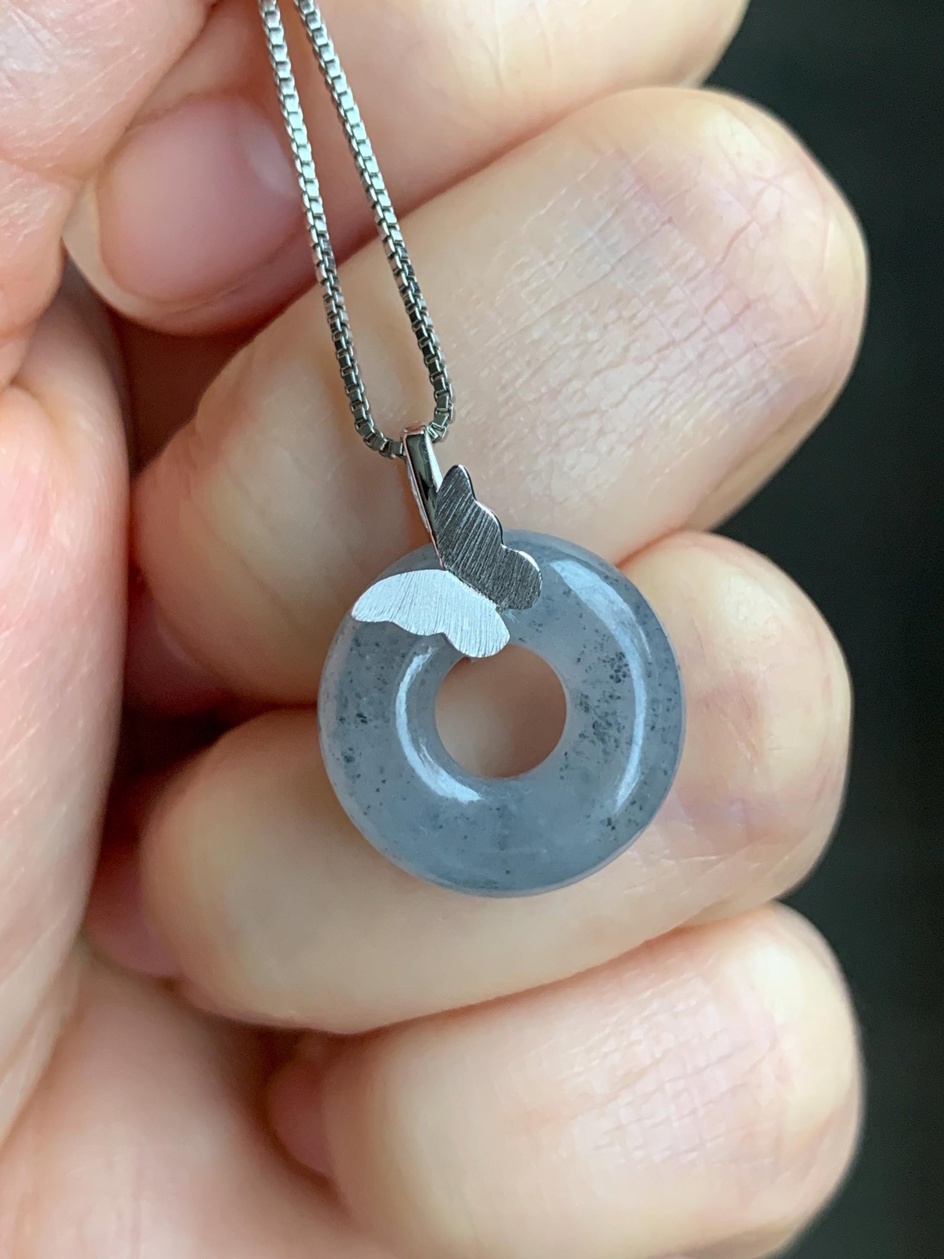 Certified Natural Burmese Icy Translucent Gelatinous Wuji Jadeite Ping An Kou Donut Butterfly Pendant 18K White Gold 天然缅甸冰胶乌鸡翡平安扣蝴蝶镶嵌吊坠 7416