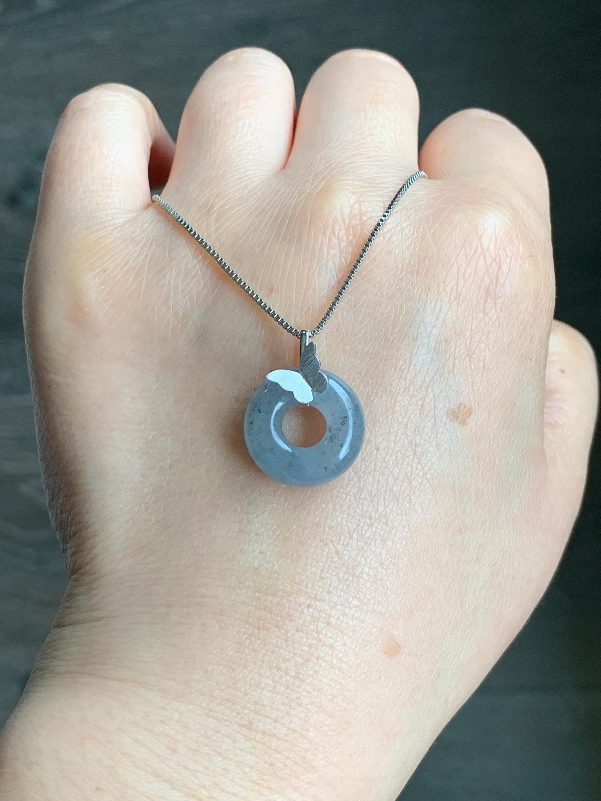 Certified Natural Burmese Icy Translucent Gelatinous Wuji Jadeite Ping An Kou Donut Butterfly Pendant 18K White Gold 天然缅甸冰胶乌鸡翡平安扣蝴蝶镶嵌吊坠 7416