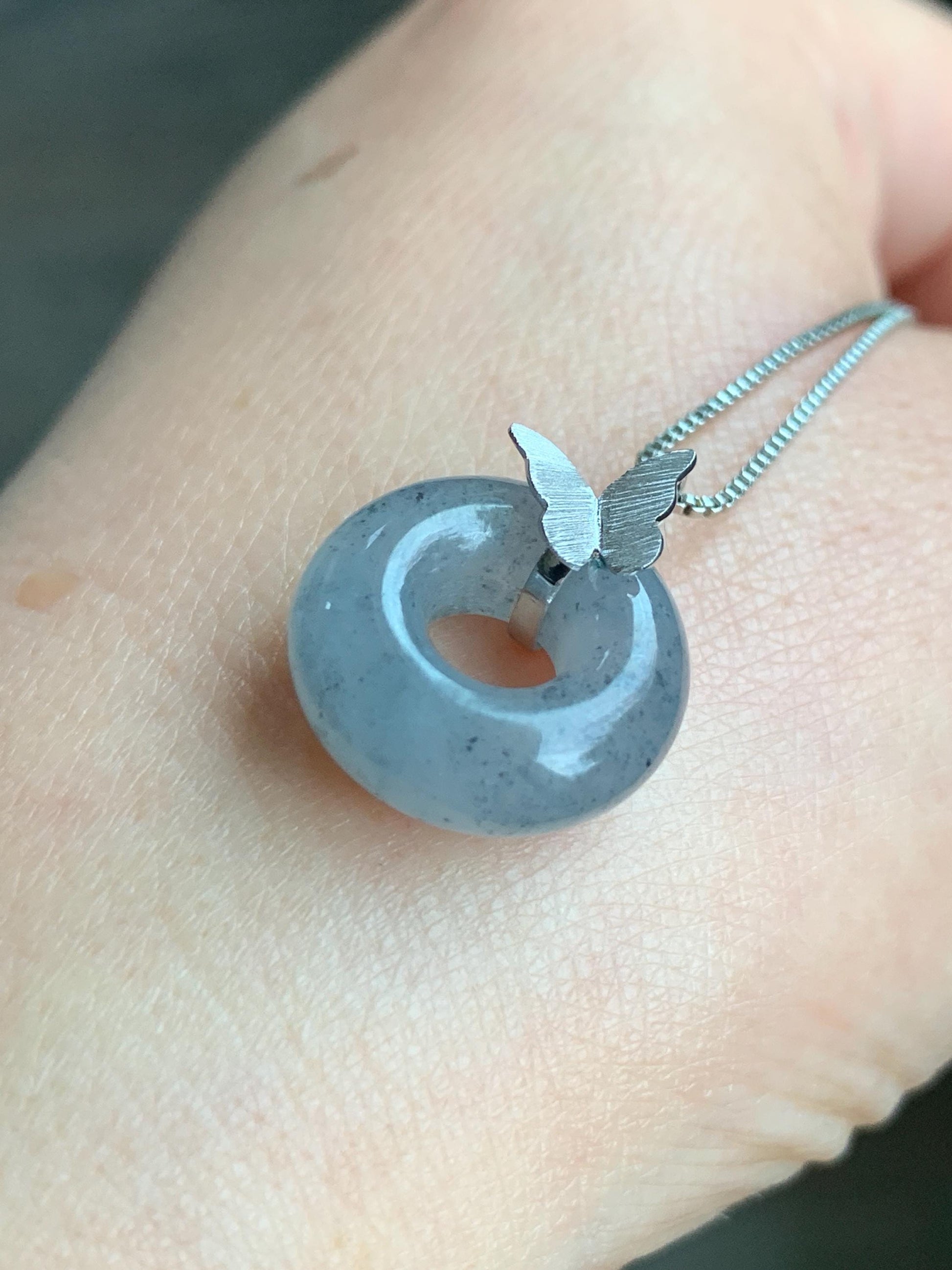 Certified Natural Burmese Icy Translucent Gelatinous Wuji Jadeite Ping An Kou Donut Butterfly Pendant 18K White Gold 天然缅甸冰胶乌鸡翡平安扣蝴蝶镶嵌吊坠 7416