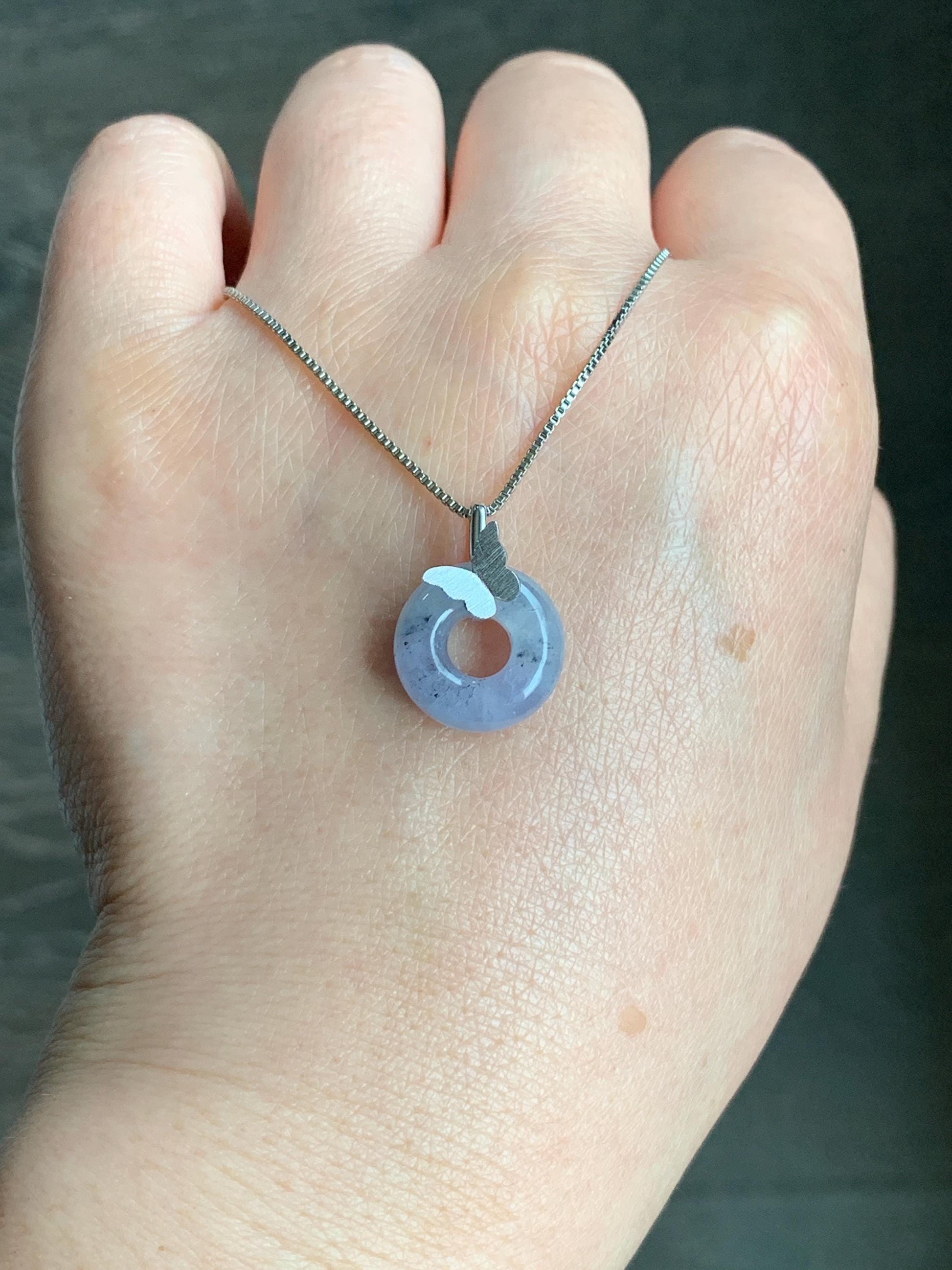 Certified Natural Burmese Icy Translucent Gelatinous Wuji Jadeite Ping An Kou Donut Butterfly Pendant 18K White Gold 天然缅甸冰胶紫乌鸡翡平安扣蝴蝶镶嵌吊坠