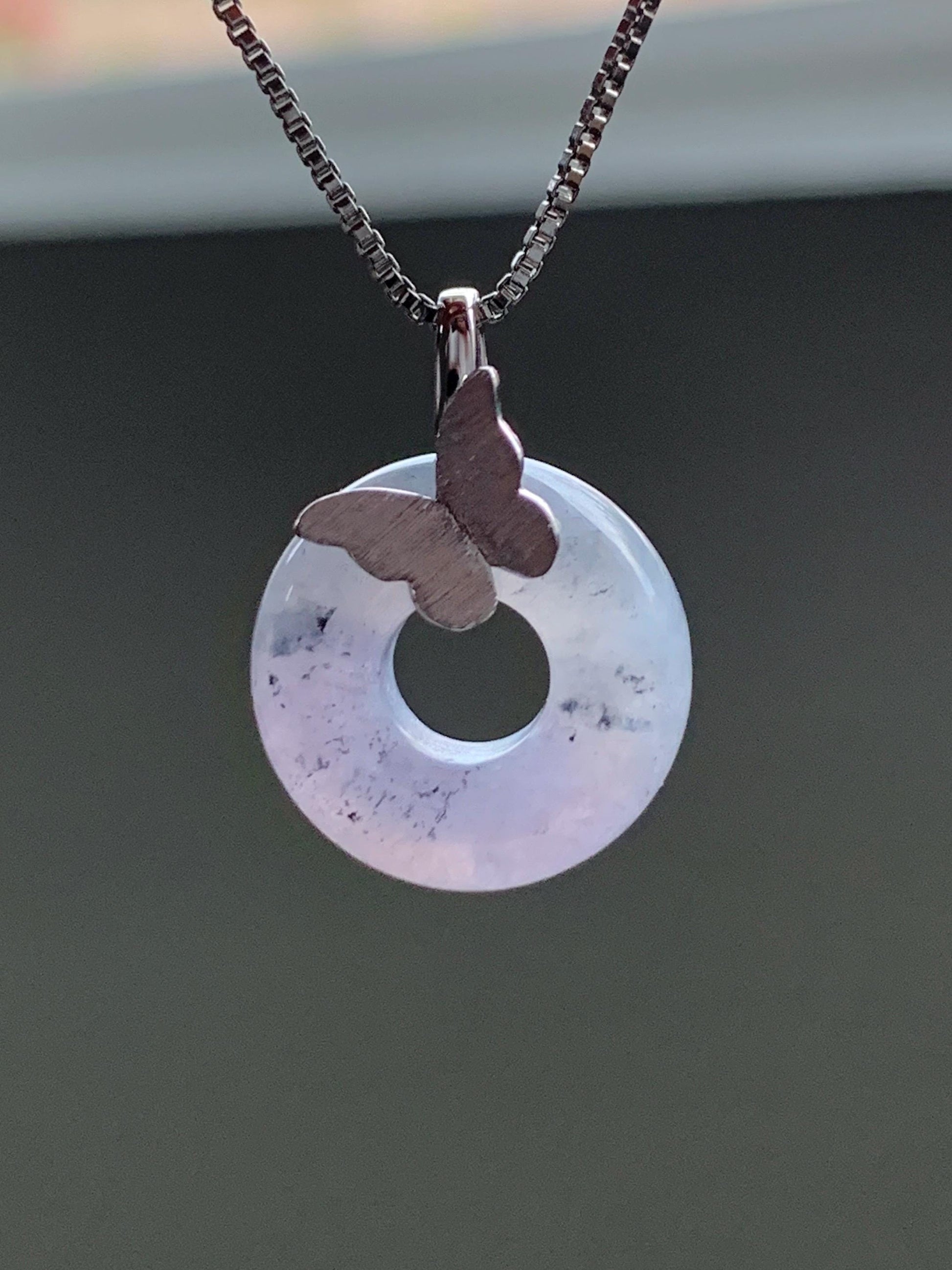 Certified Natural Burmese Icy Translucent Gelatinous Wuji Jadeite Ping An Kou Donut Butterfly Pendant 18K White Gold 天然缅甸冰胶紫乌鸡翡平安扣蝴蝶镶嵌吊坠
