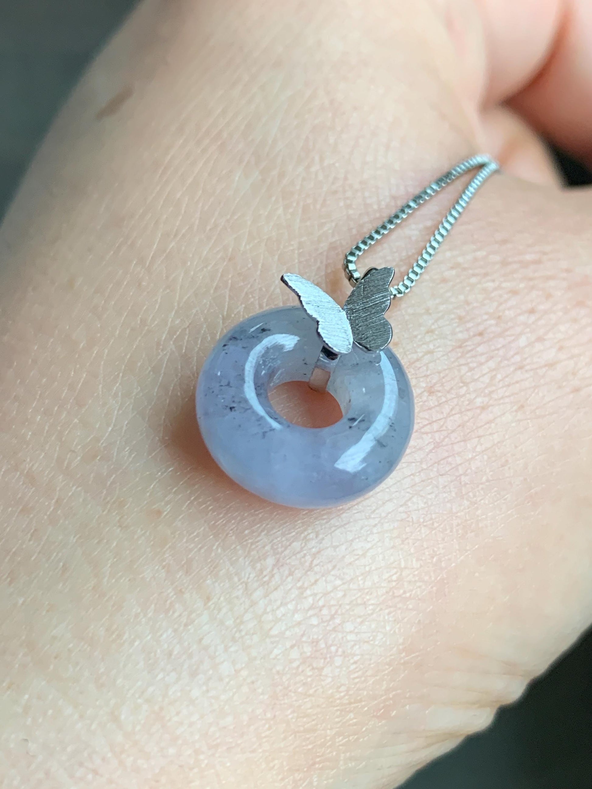 Certified Natural Burmese Icy Translucent Gelatinous Wuji Jadeite Ping An Kou Donut Butterfly Pendant 18K White Gold 天然缅甸冰胶紫乌鸡翡平安扣蝴蝶镶嵌吊坠