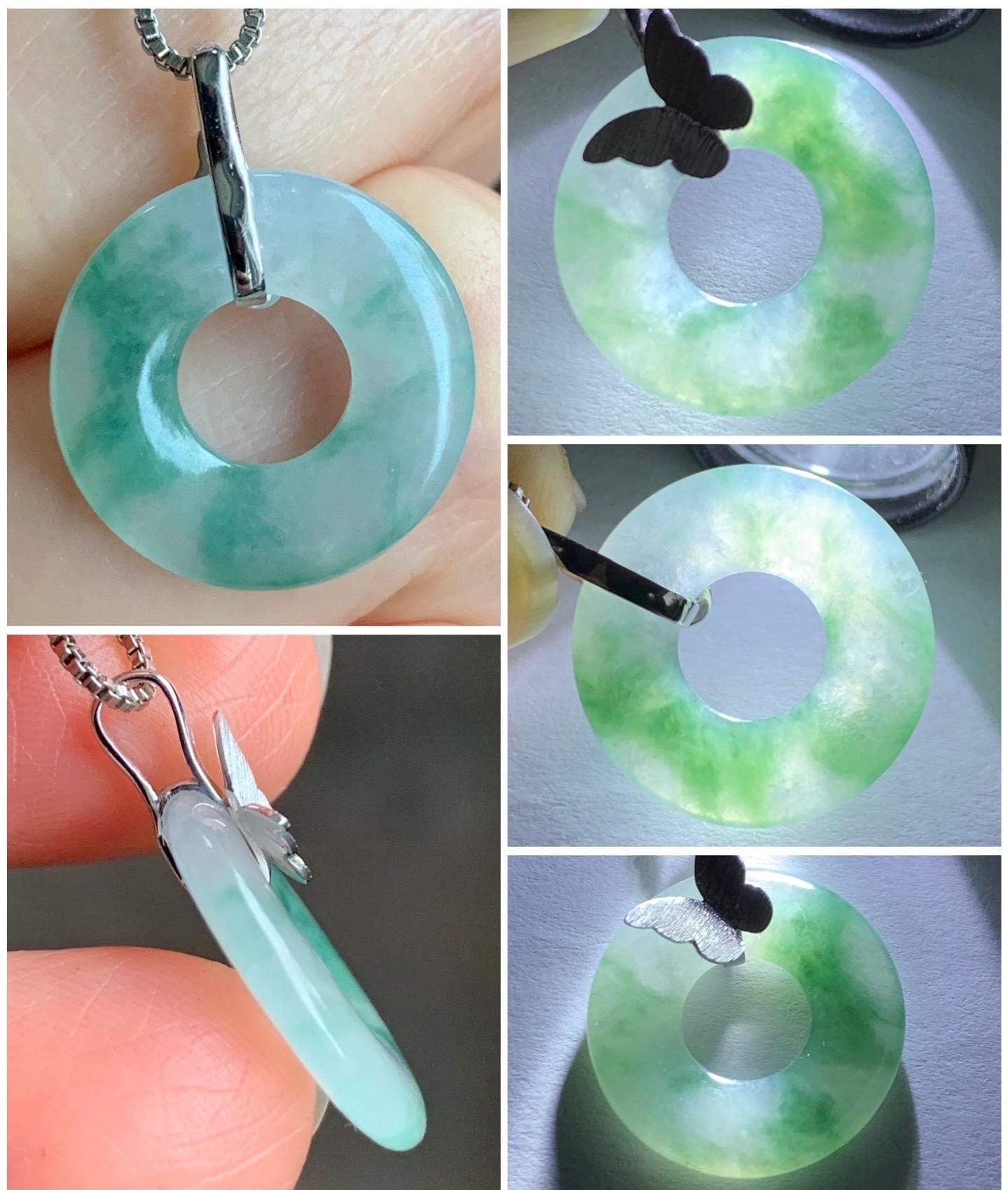 Certified Natural Burmese Icy Highly Translucent Green Marbled Jadeite Ping An Kou Donut Butterfly Pendant 18K White Gold 天然缅甸冰胶飘花翡翠平安扣蝴蝶吊坠