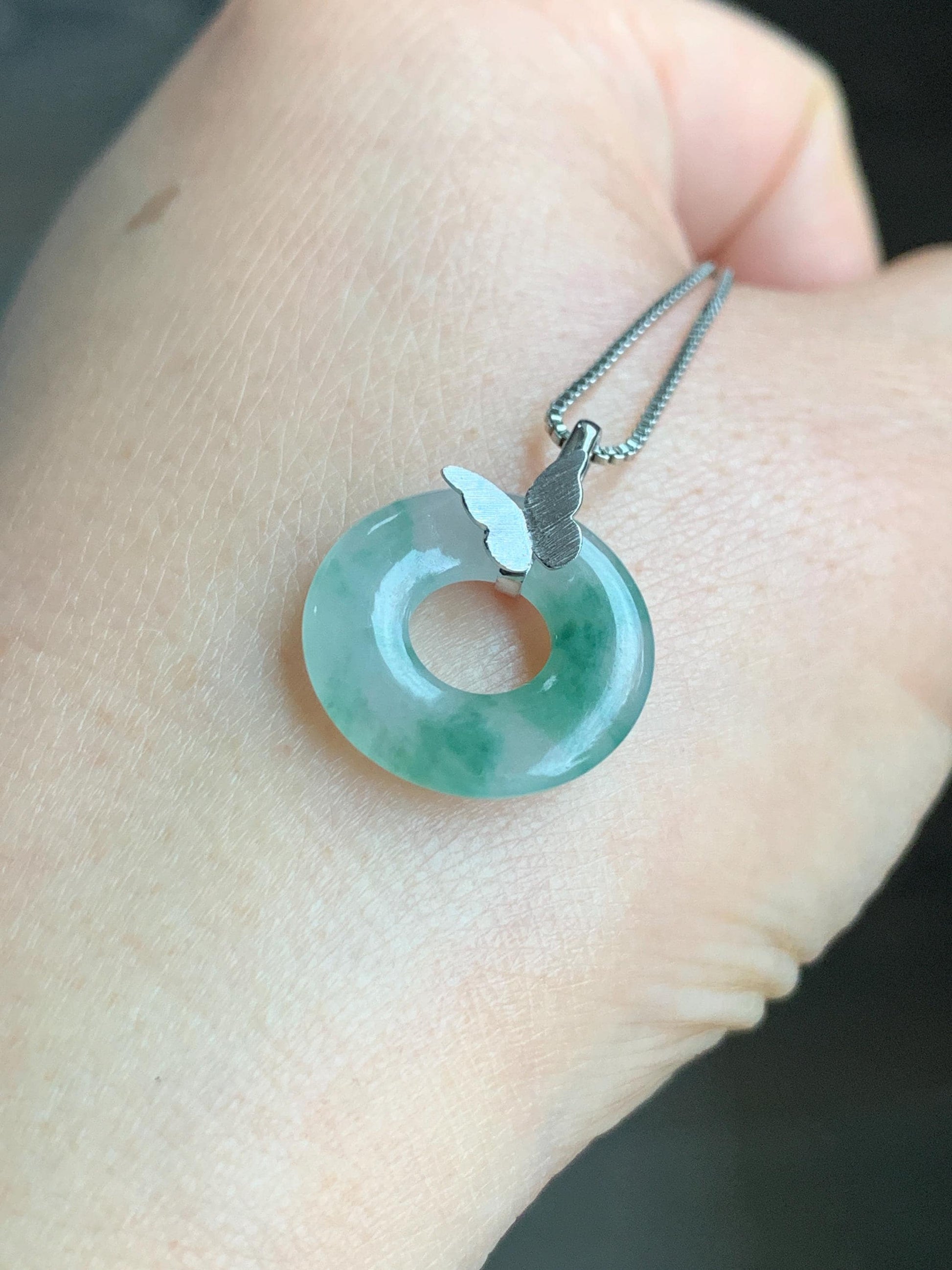 Certified Natural Burmese Icy Highly Translucent Green Marbled Jadeite Ping An Kou Donut Butterfly Pendant 18K White Gold 天然缅甸冰胶飘花翡翠平安扣蝴蝶吊坠