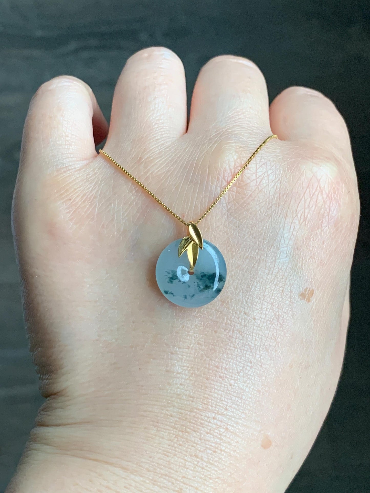 Certified Natural Burmese Icy Translucent Dark Green Marbled Jadeite Ping An Kou Donut Bamboo Leaf Pendant 18K Yellow Gold 天然缅甸冰胶飘花翡翠平安扣竹叶吊坠
