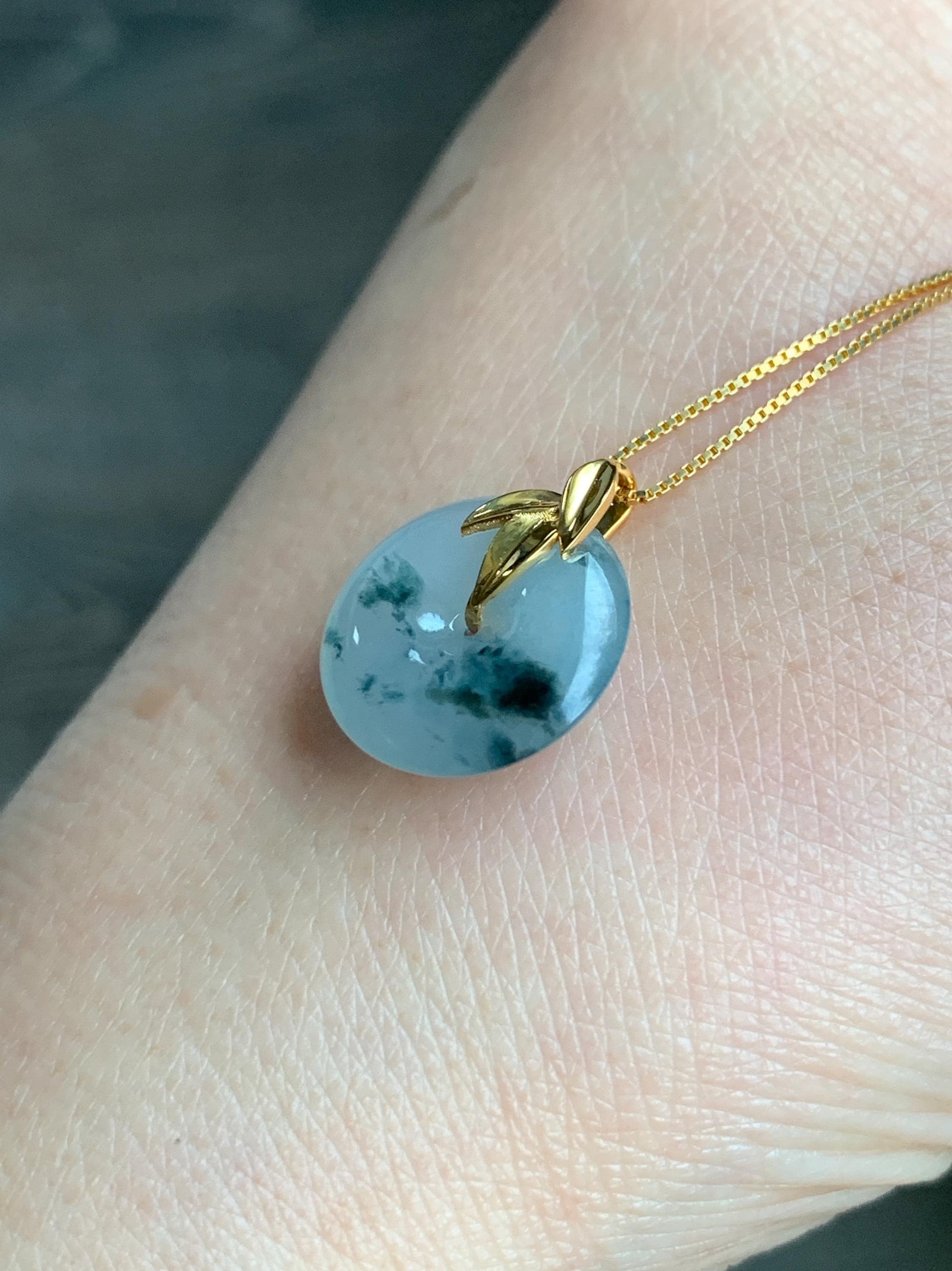 Certified Natural Burmese Icy Translucent Dark Green Marbled Jadeite Ping An Kou Donut Bamboo Leaf Pendant 18K Yellow Gold 天然缅甸冰胶飘花翡翠平安扣竹叶吊坠