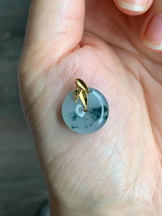 Certified Natural Burmese Icy Translucent Dark Green Marbled Jadeite Ping An Kou Donut Bamboo Leaf Pendant 18K Yellow Gold 天然缅甸冰胶飘花翡翠平安扣竹叶吊坠