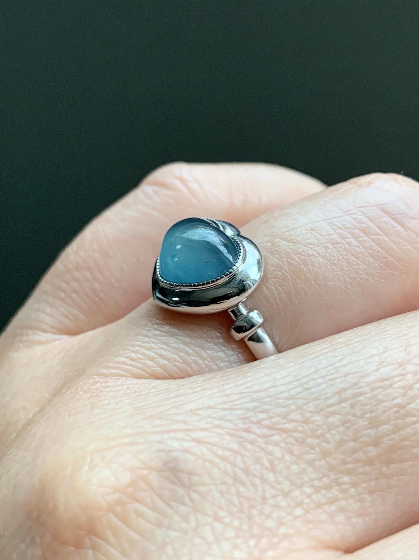 Certified Natural Guatemalan Icy Highly Translucent Blue Jadeite Heart Ring Sterling Silver size 7 3.35g 天然冰胶危蓝翡翠爱心镶嵌戒指 7405