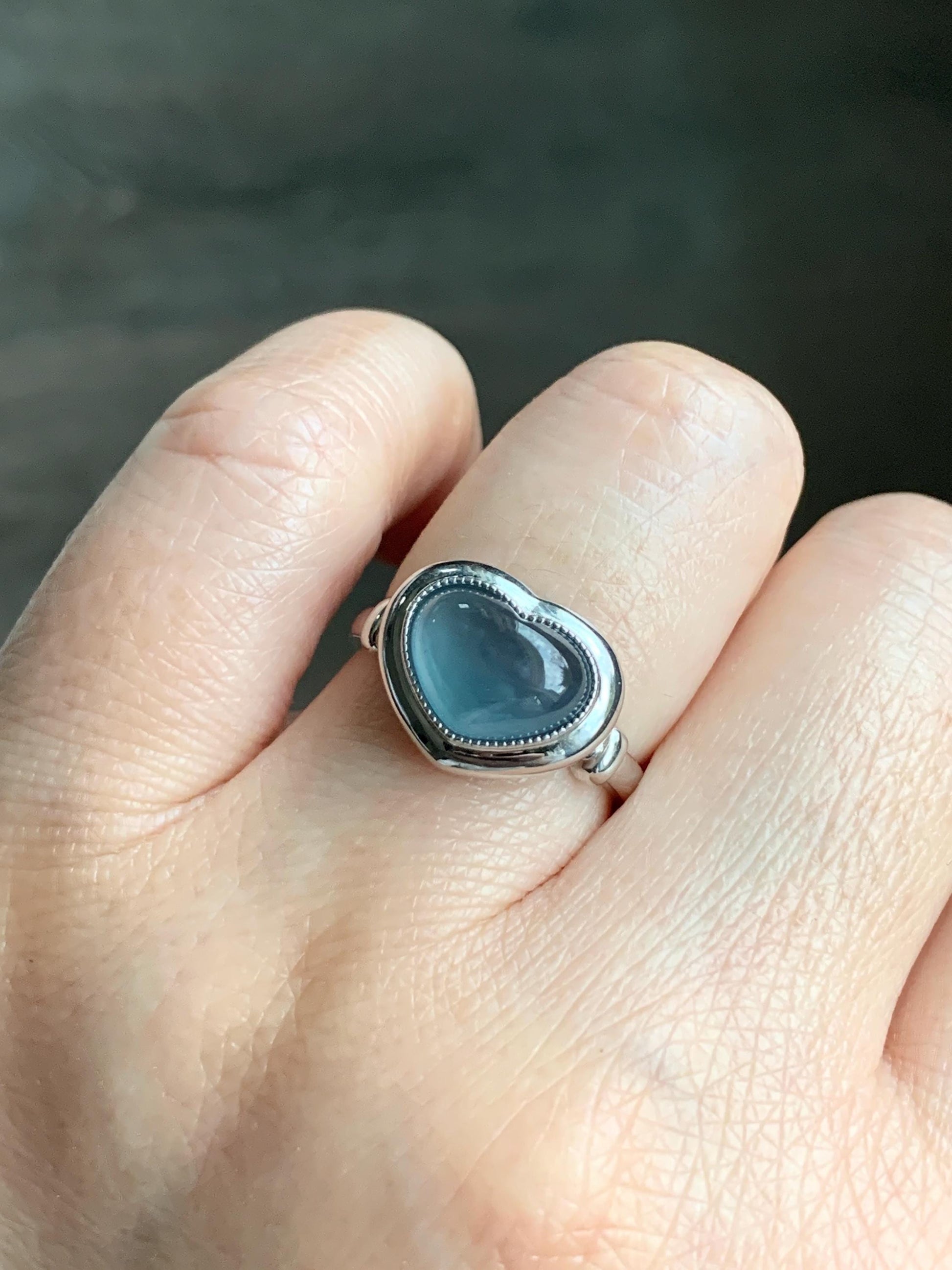 Certified Natural Guatemalan Icy Highly Translucent Blue Jadeite Heart Ring Sterling Silver size 7 3.35g 天然冰胶危蓝翡翠爱心镶嵌戒指 7405