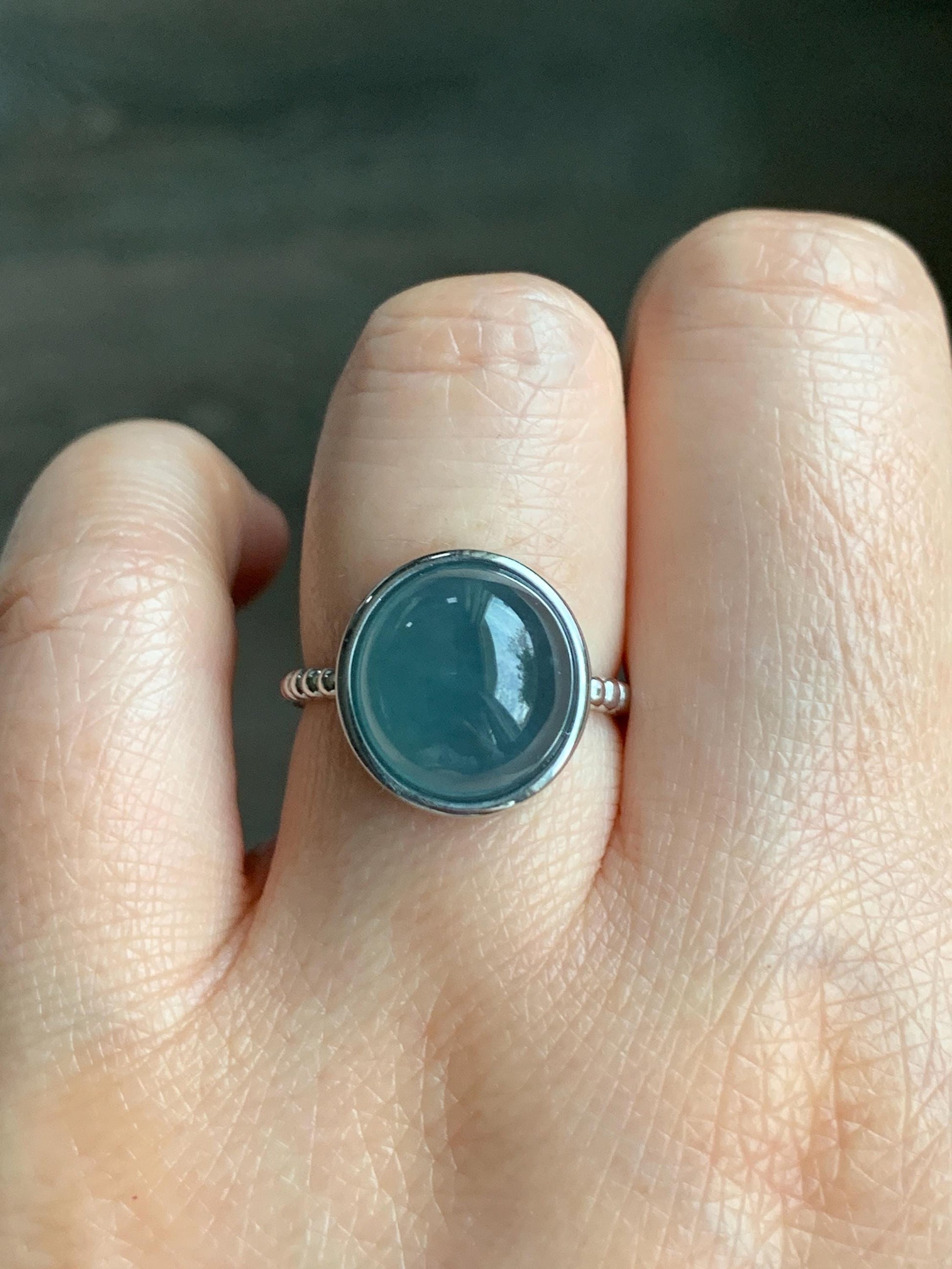 Certified Natural Guatemalan Icy Highly Translucent Dark Dusty Blue Jadeite Large Oval Ring Sterling Silver size 7 4.25g 天然冰胶危蓝翡翠镶嵌戒指 7400
