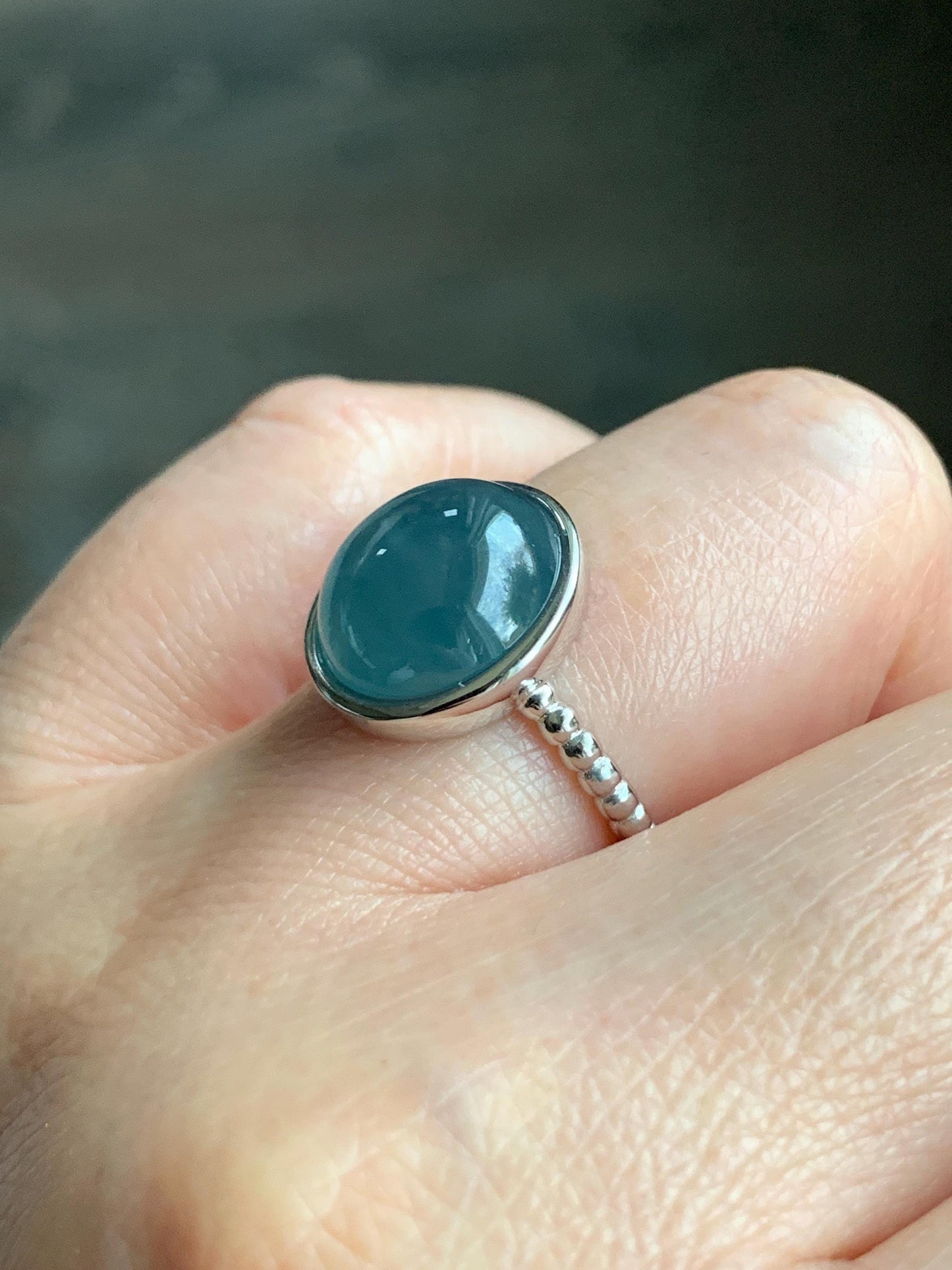 Certified Natural Guatemalan Icy Highly Translucent Dark Dusty Blue Jadeite Large Oval Ring Sterling Silver size 7 4.25g 天然冰胶危蓝翡翠镶嵌戒指 7400