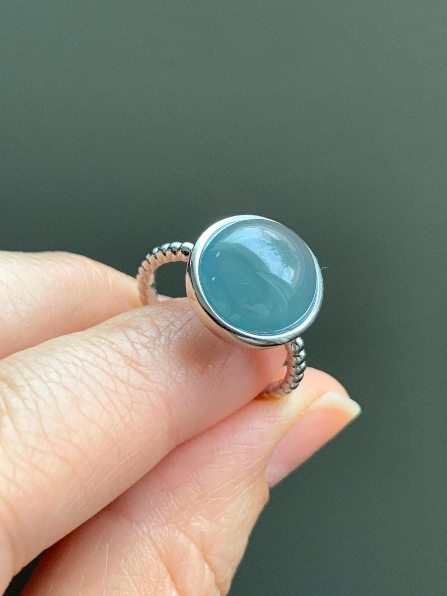 Certified Natural Guatemalan Icy Highly Translucent Dark Dusty Blue Jadeite Large Oval Ring Sterling Silver size 7 4.25g 天然冰胶危蓝翡翠镶嵌戒指 7400