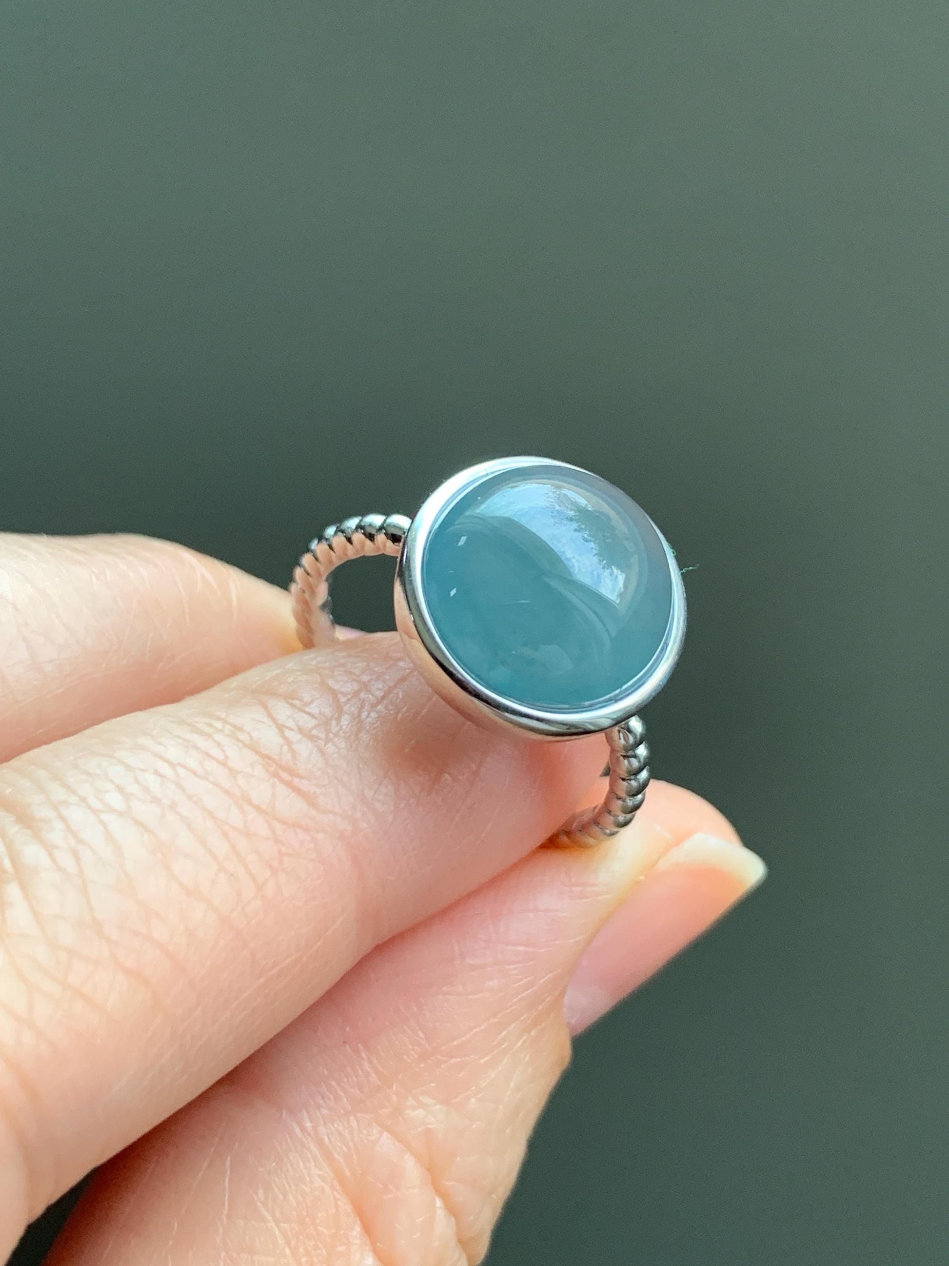 Certified Natural Guatemalan Icy Highly Translucent Dark Dusty Blue Jadeite Large Oval Ring Sterling Silver size 7 4.25g 天然冰胶危蓝翡翠镶嵌戒指 7400