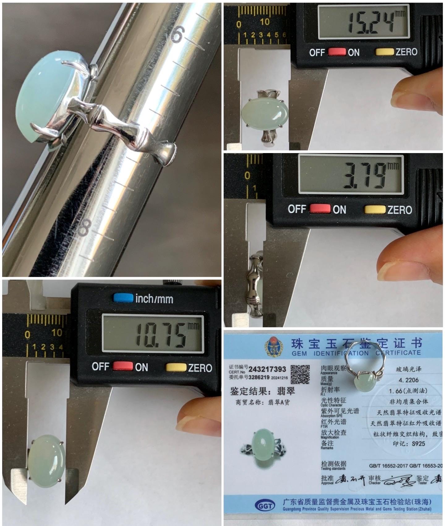 Certified Natural Burmese Icy Translucent Gelatinous Light Green Oval Jadeite Bamboo Ring Sterling Silver size 7 天然缅甸冰胶起光晴底翡翠镶嵌竹节款戒指 7393
