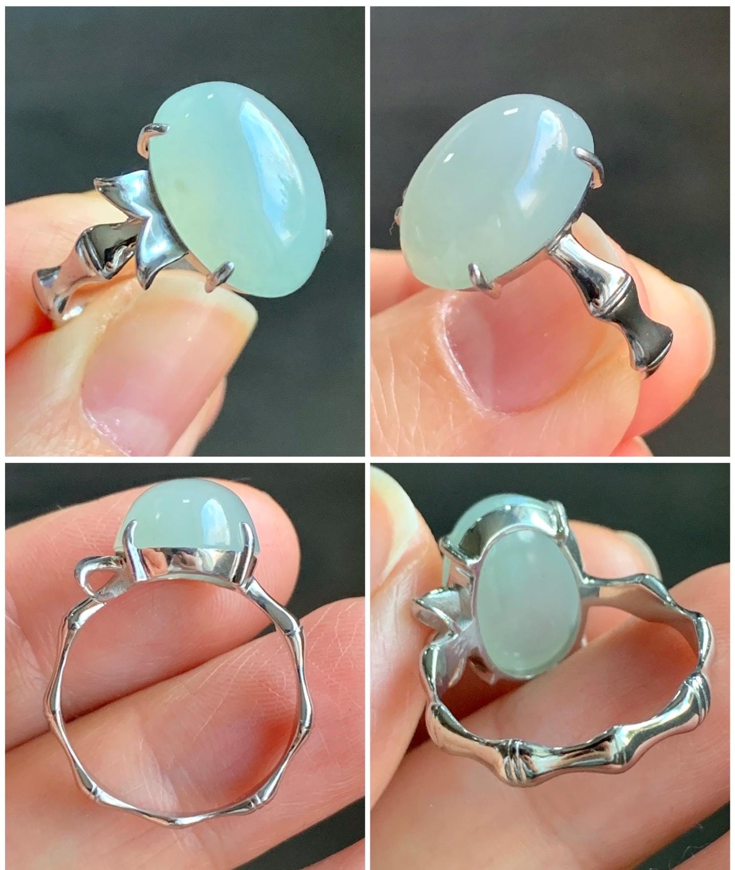 Certified Natural Burmese Icy Translucent Gelatinous Light Green Oval Jadeite Bamboo Ring Sterling Silver size 7 天然缅甸冰胶起光晴底翡翠镶嵌竹节款戒指 7393