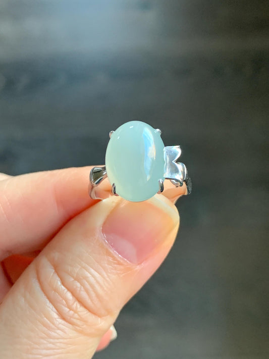 Certified Natural Burmese Icy Translucent Gelatinous Light Green Oval Jadeite Bamboo Ring Sterling Silver size 7 天然缅甸冰胶起光晴底翡翠镶嵌竹节款戒指 7393