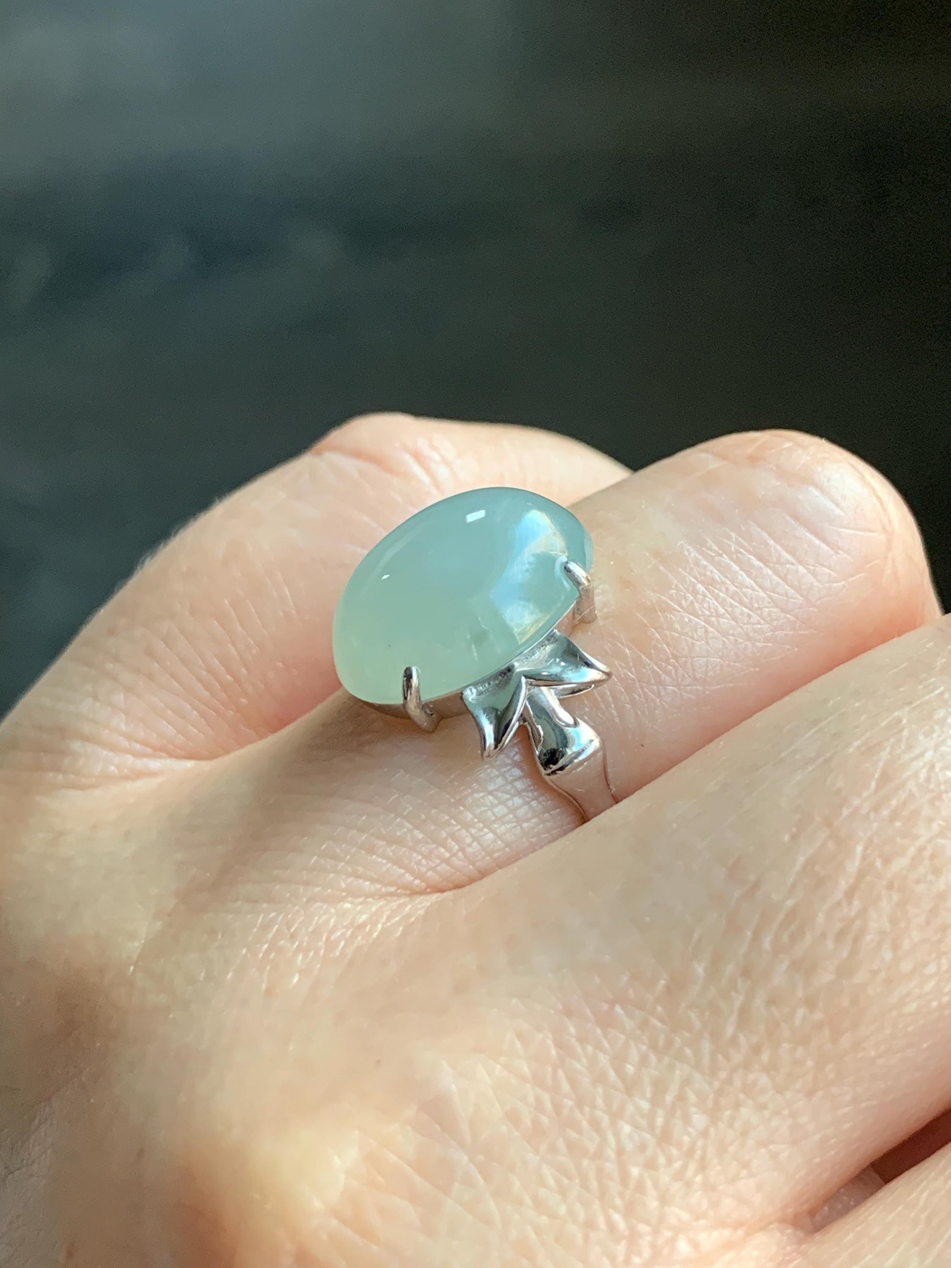 Certified Natural Burmese Icy Translucent Gelatinous Light Green Oval Jadeite Bamboo Ring Sterling Silver size 7 天然缅甸冰胶起光晴底翡翠镶嵌竹节款戒指 7393
