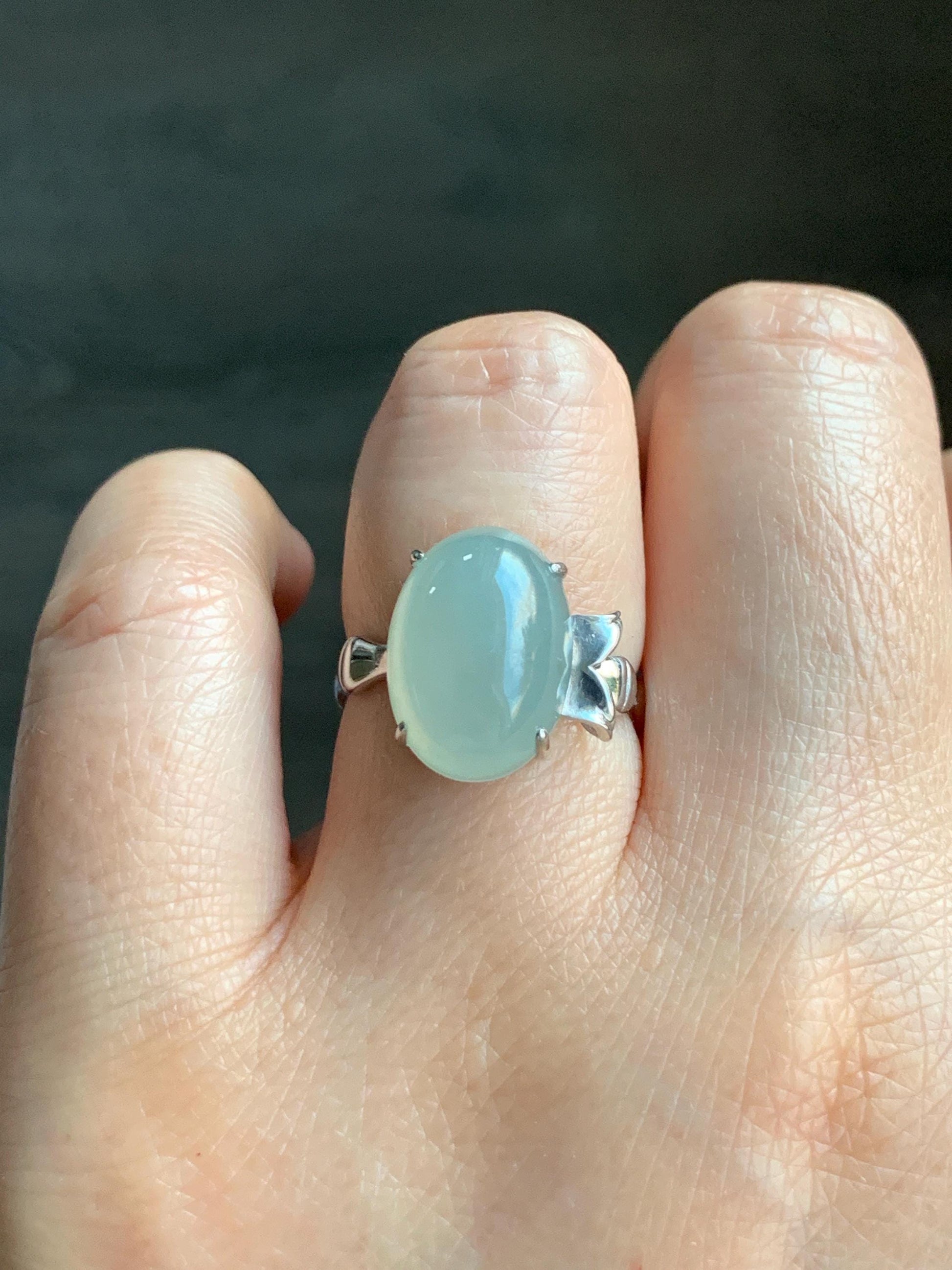 Certified Natural Burmese Icy Translucent Gelatinous Light Green Oval Jadeite Bamboo Ring Sterling Silver size 7 天然缅甸冰胶起光晴底翡翠镶嵌竹节款戒指 7393