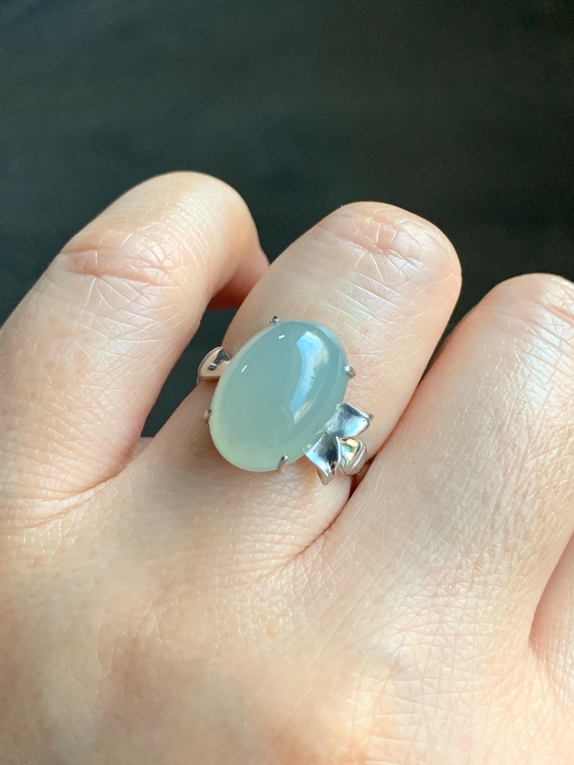 Certified Natural Burmese Icy Translucent Gelatinous Light Green Oval Jadeite Bamboo Ring Sterling Silver size 7 天然缅甸冰胶起光晴底翡翠镶嵌竹节款戒指 7393